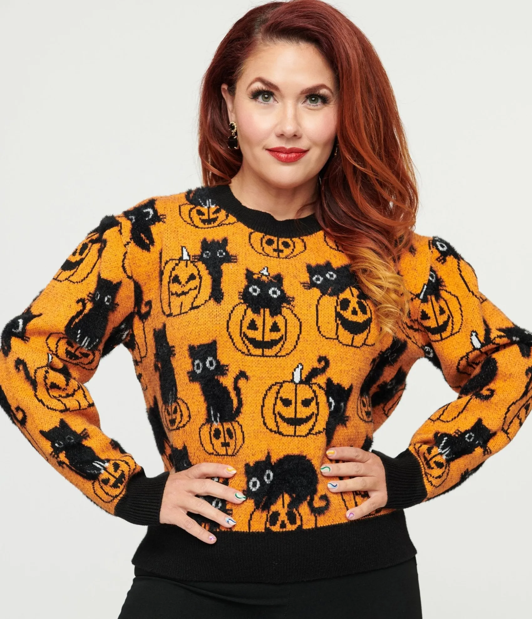 Unique Vintage Orange Pumpkin & Black Cat Print Sweater Flash Sale