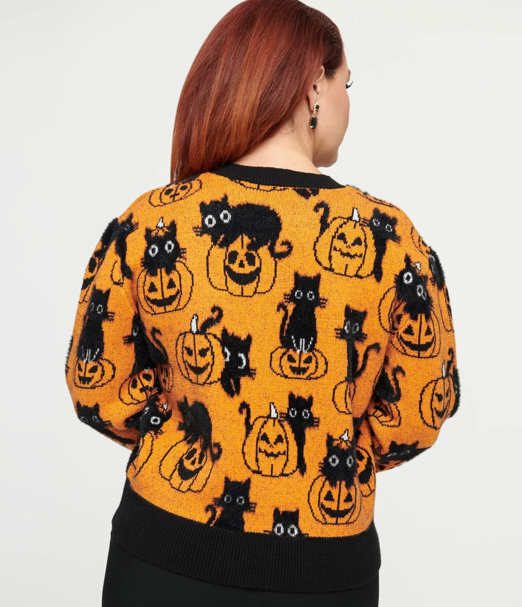 Unique Vintage Orange Pumpkin & Black Cat Print Sweater Flash Sale