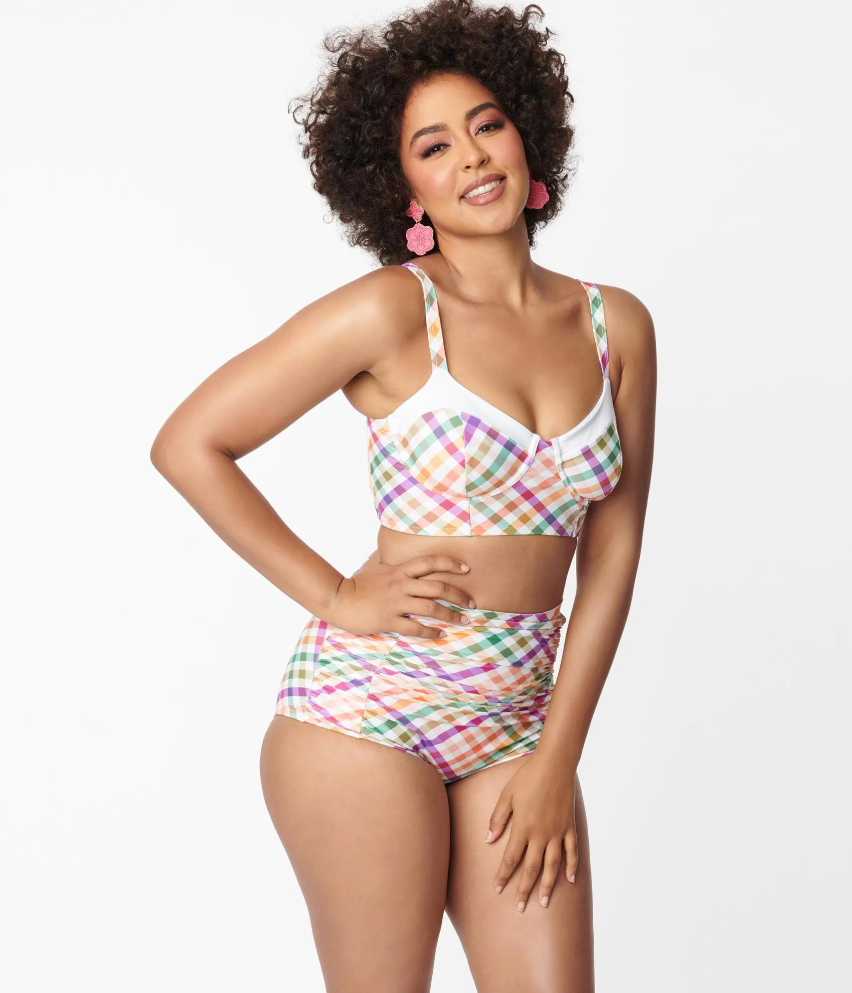 Unique Vintage Pastel Madras Gingham Marlene Crop Swim Top Best Sale