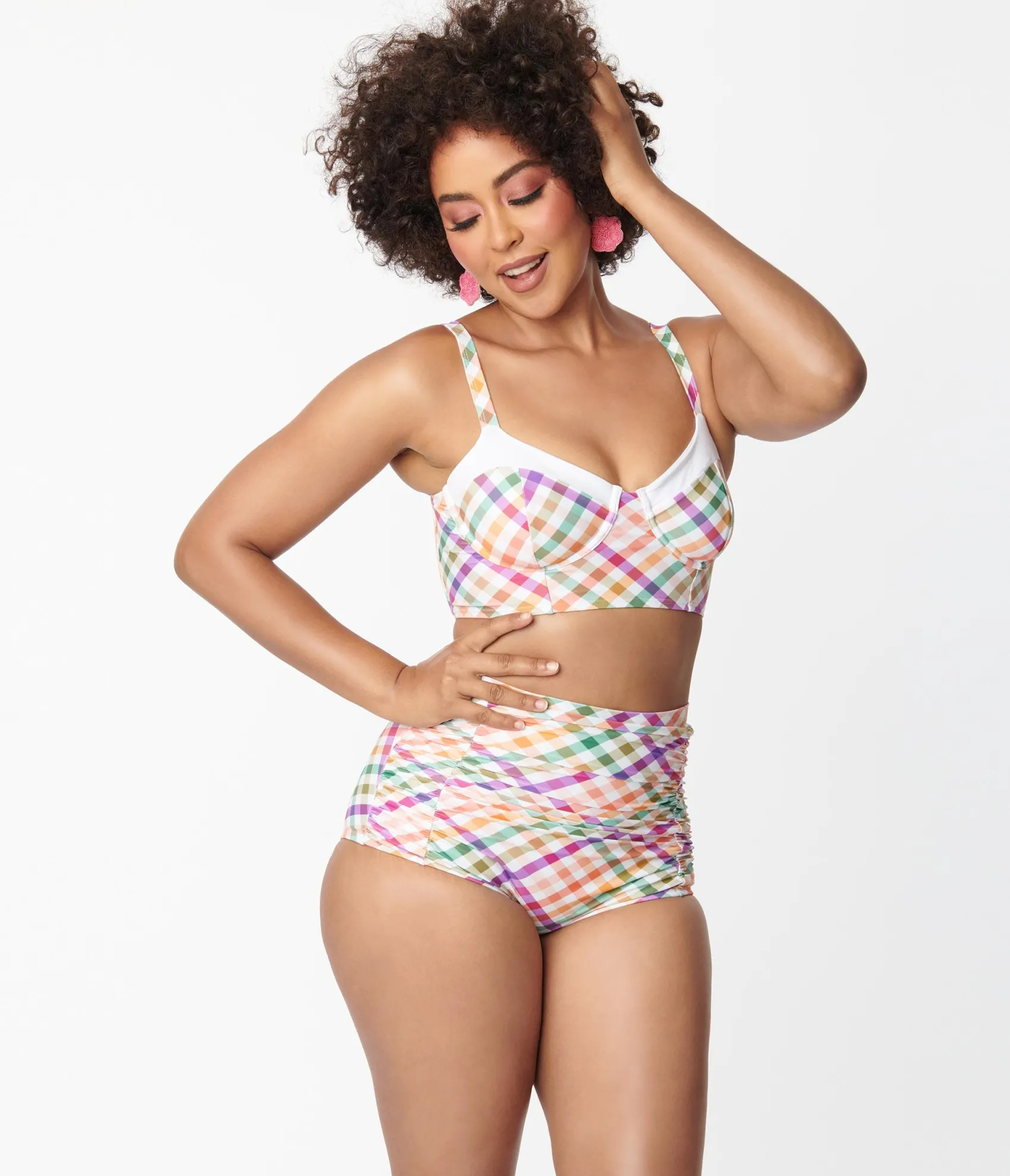 Unique Vintage Pastel Madras Gingham Marlene Crop Swim Top Best Sale