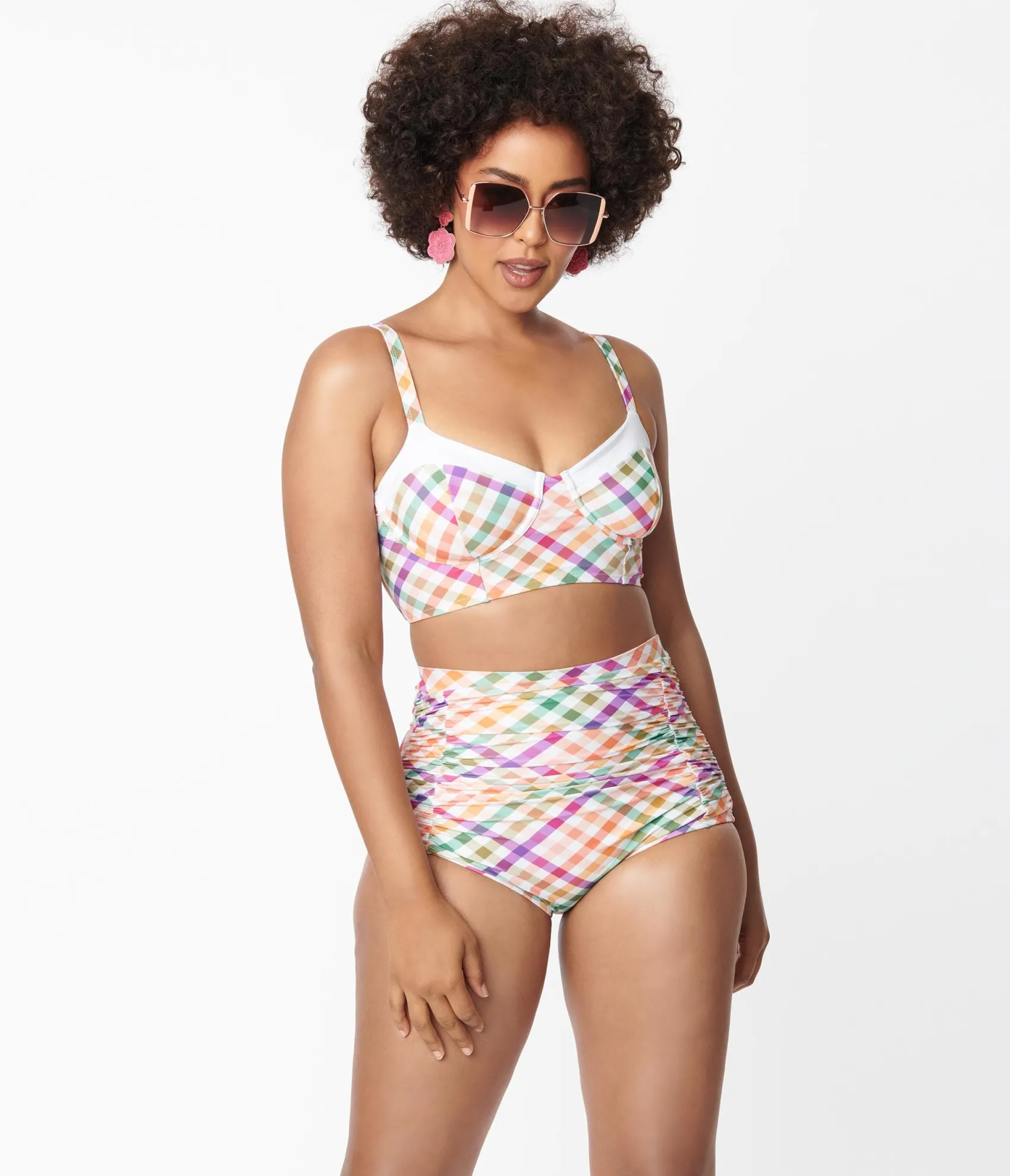Unique Vintage Pastel Madras Gingham Marlene Crop Swim Top Best Sale