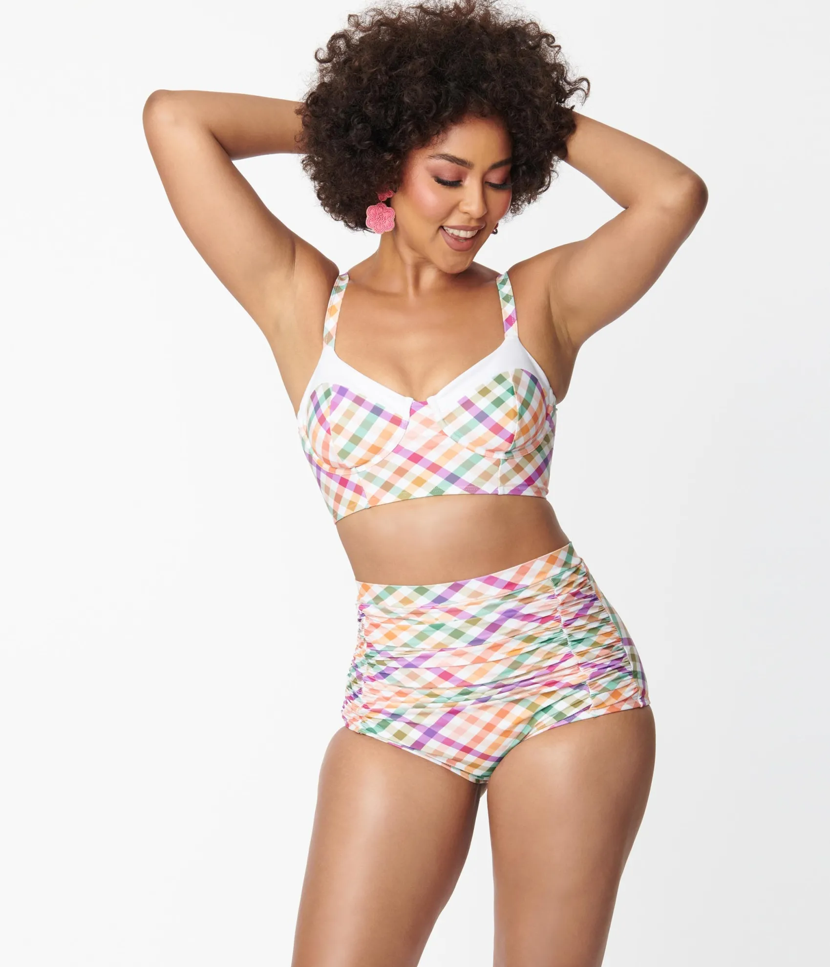 Unique Vintage Pastel Madras Gingham Marlene Crop Swim Top Best Sale