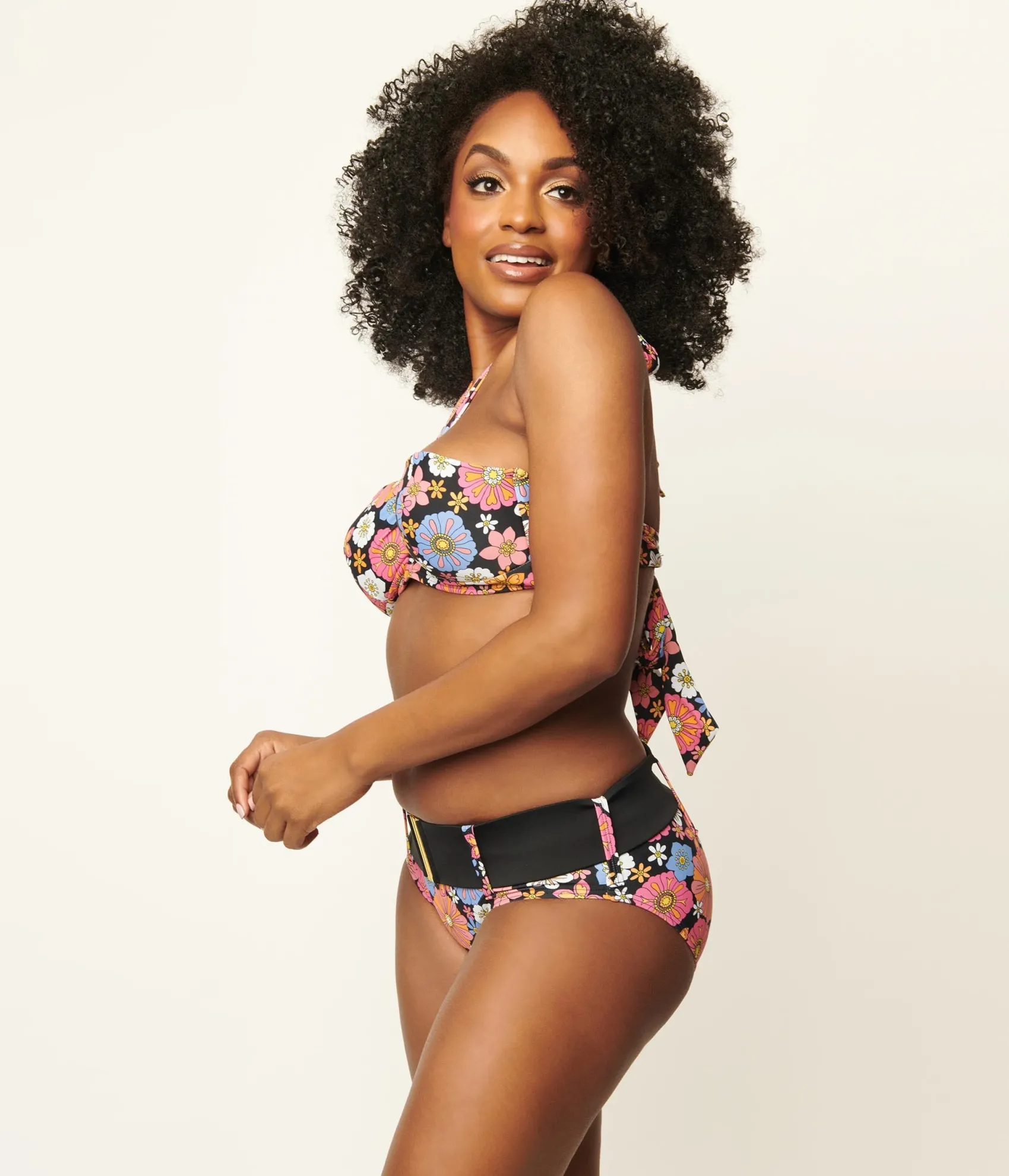 Unique Vintage Pink & Blue Floral Print Belted Sunsational Swim Bottom New