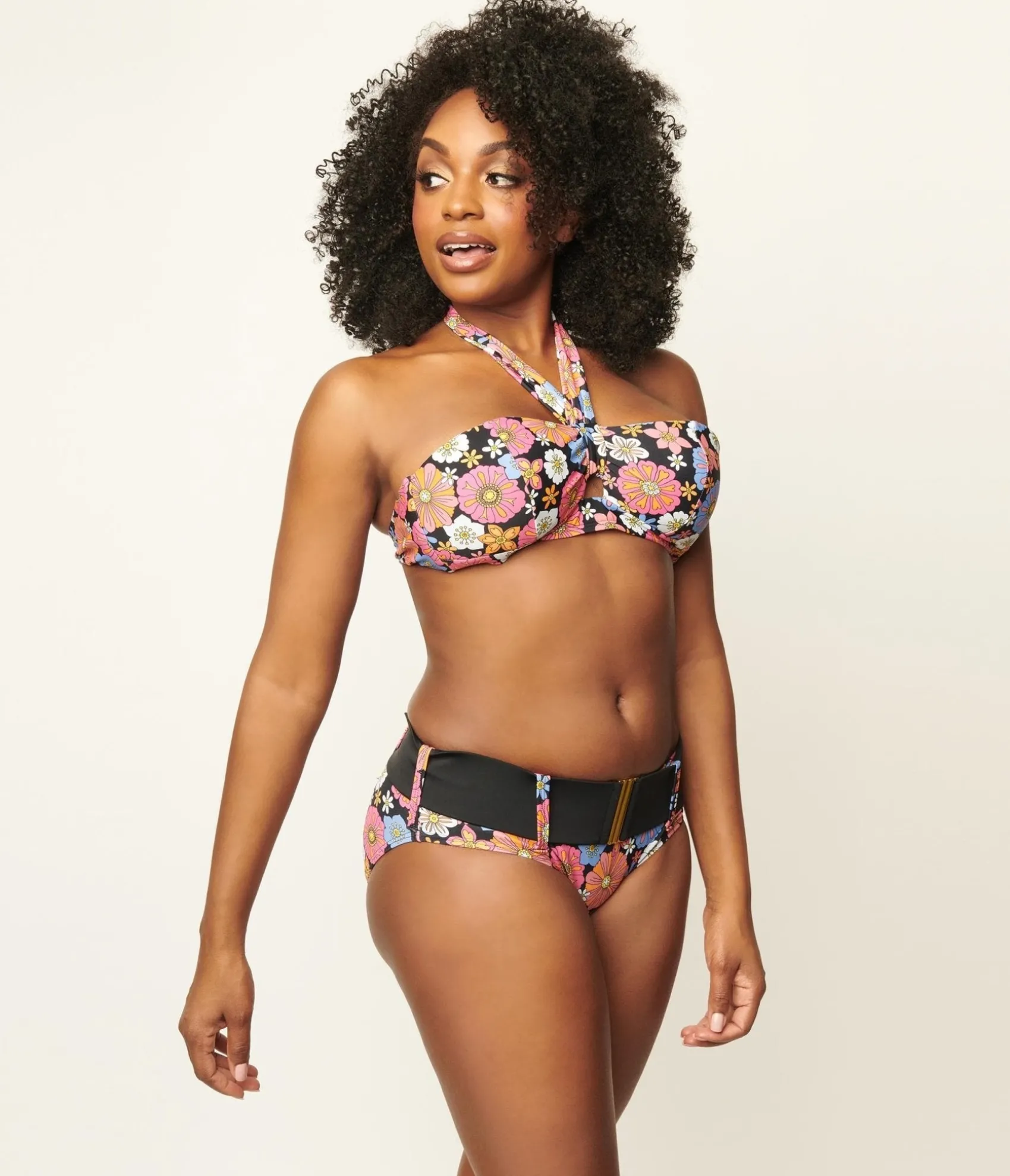 Unique Vintage Pink & Blue Floral Print Forever Glam Swim Top Hot