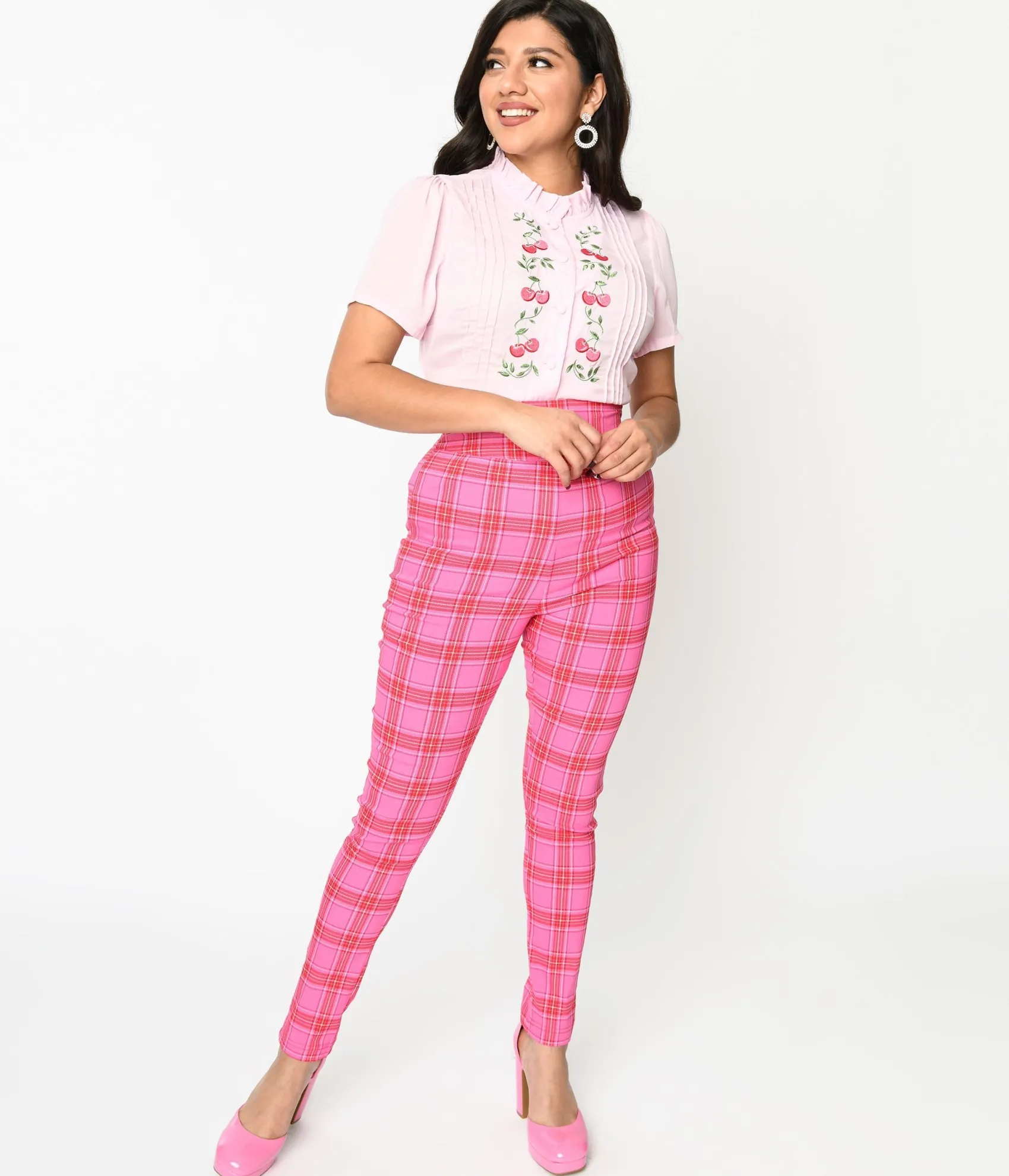 Unique Vintage Pink & Red Plaid High Waist Cigarette Pants Best