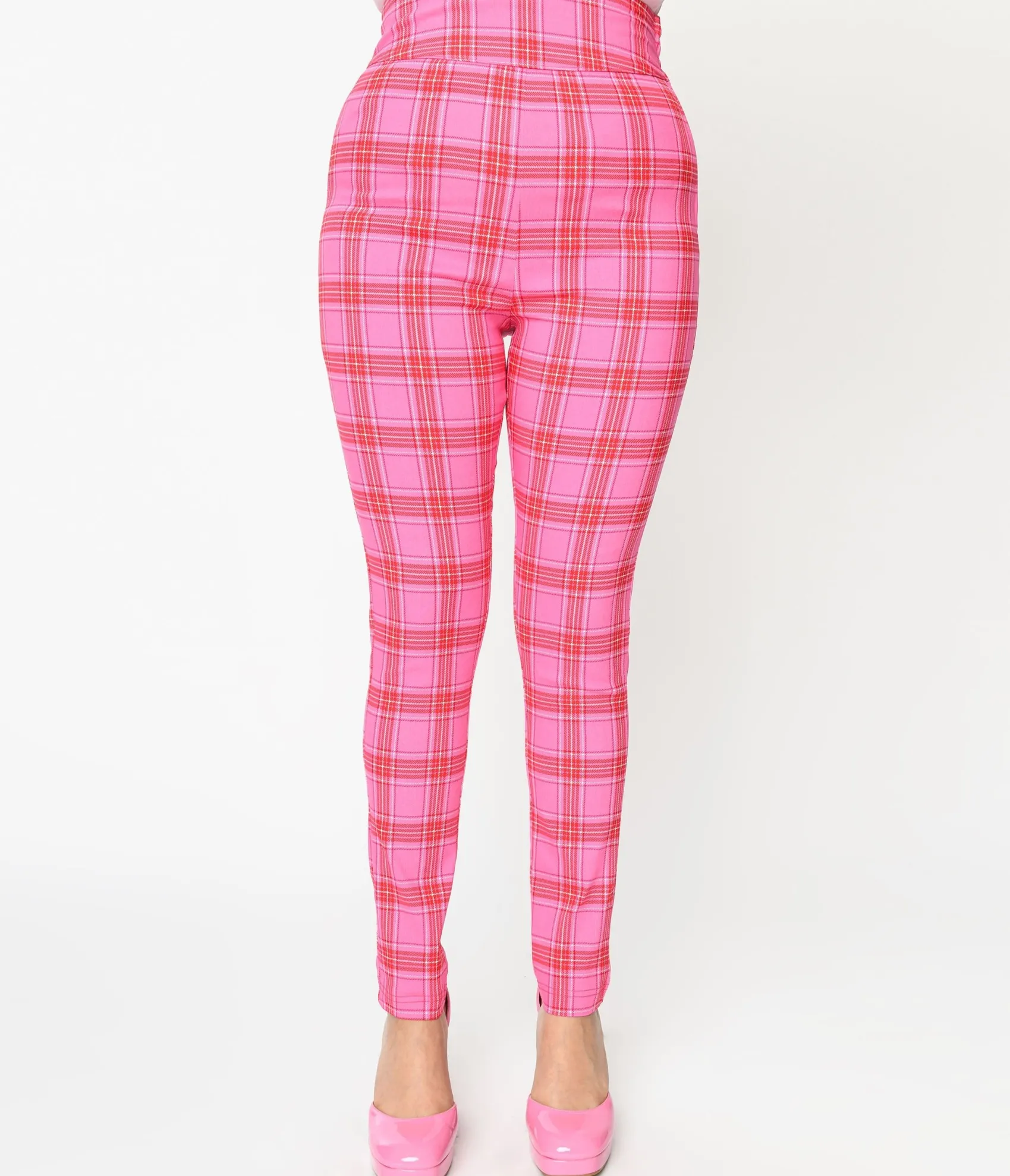 Unique Vintage Pink & Red Plaid High Waist Cigarette Pants Best