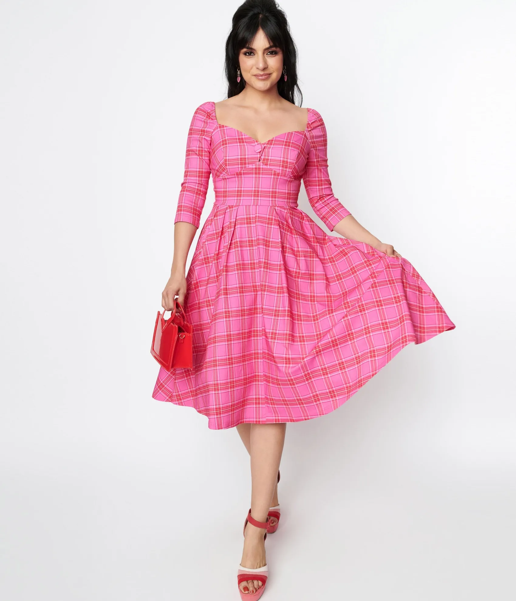 Unique Vintage Pink & Red Plaid Lamar Swing Dress Hot
