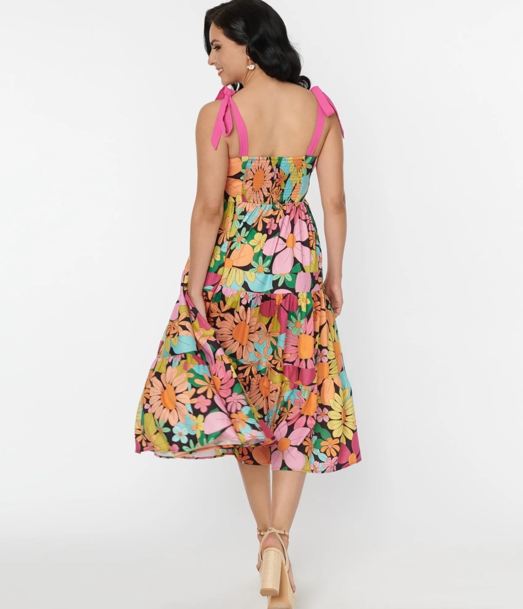 Unique Vintage Pink Floral Tiered Midi Dress Fashion