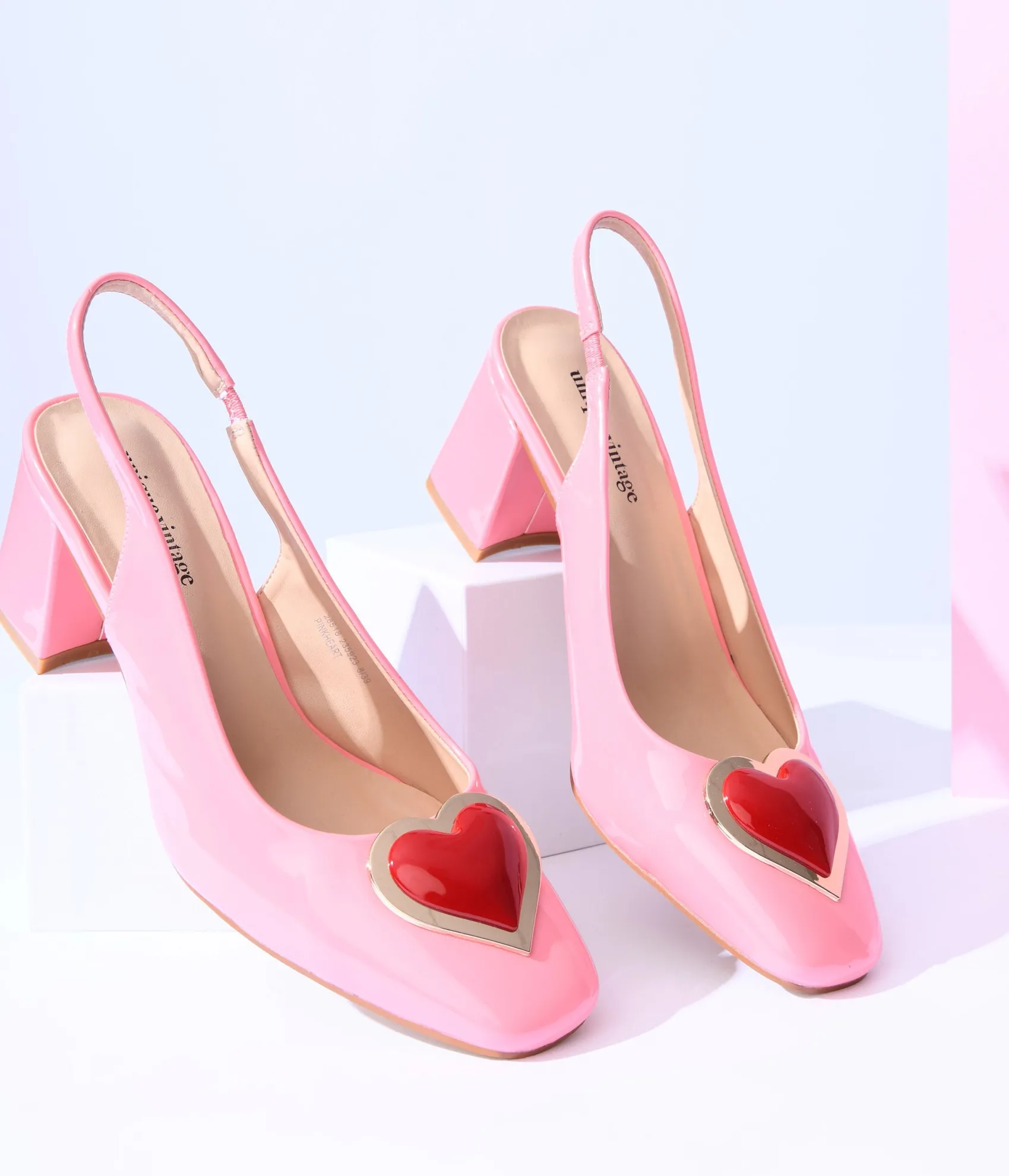 Unique Vintage Pink Heart Leatherette Slingback Heels Flash Sale