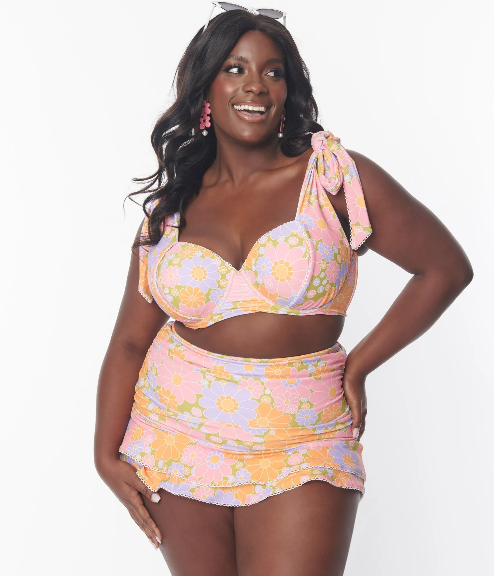 Unique Vintage Plus Size Avocado & Multicolor Daisy Print Totally Tied Up Swim Top Flash Sale