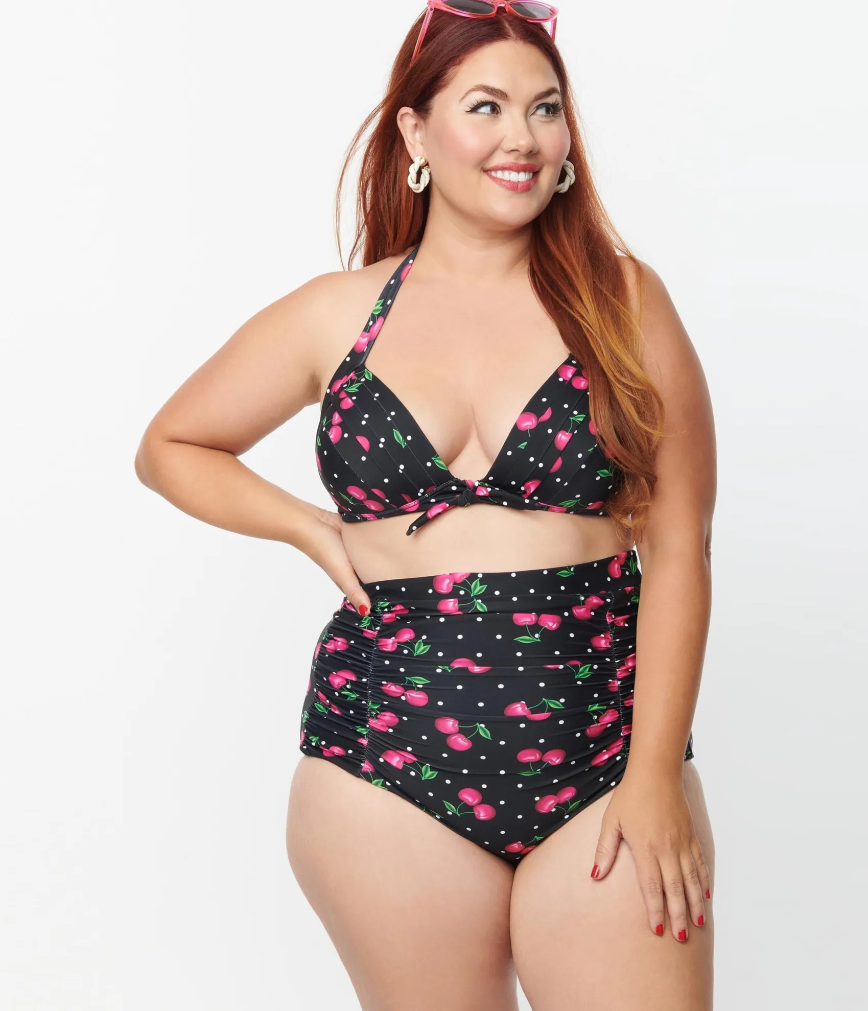Unique Vintage Plus Size Black & Hot Pink Cherry Pin Dot Monroe Swim Top Discount