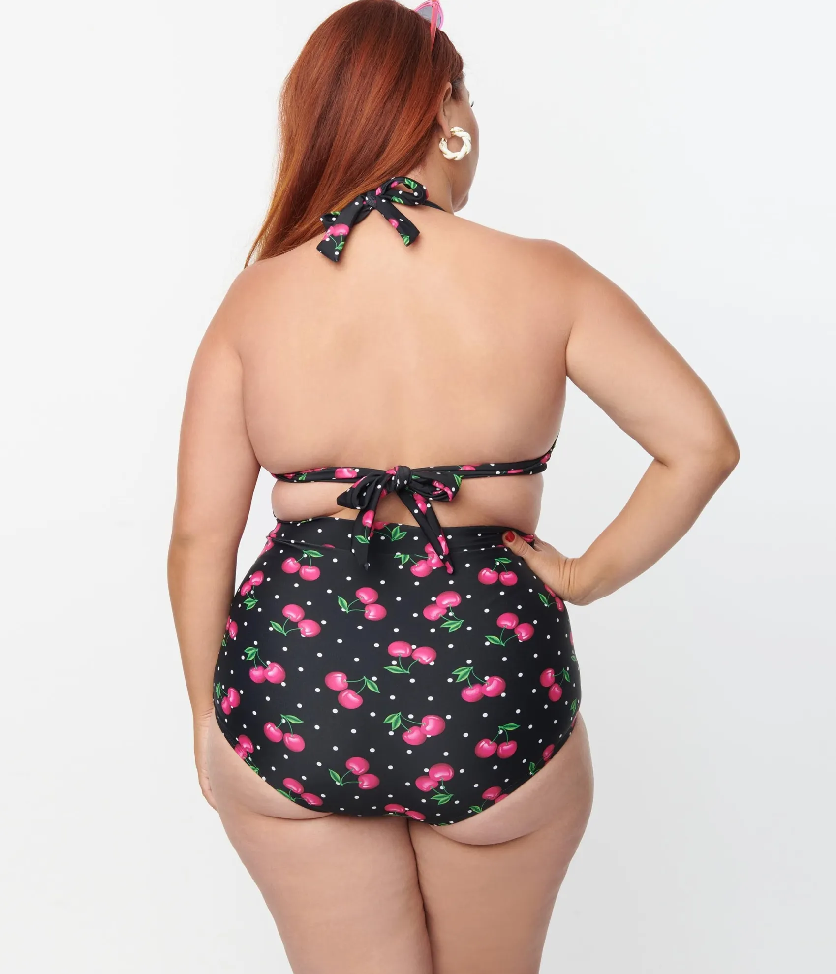 Unique Vintage Plus Size Black & Hot Pink Cherry Pin Dot Monroe Swim Top Discount