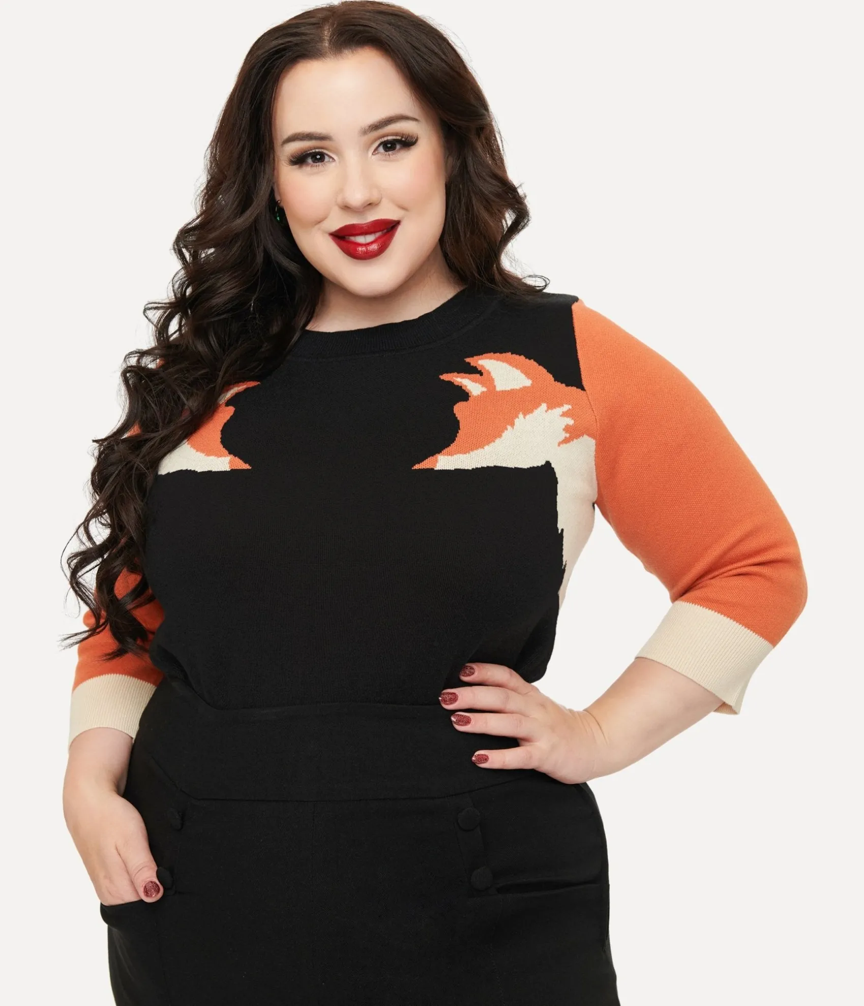Unique Vintage Plus Size Black & Orange Fox Sleeve Minou Sweater Best Sale