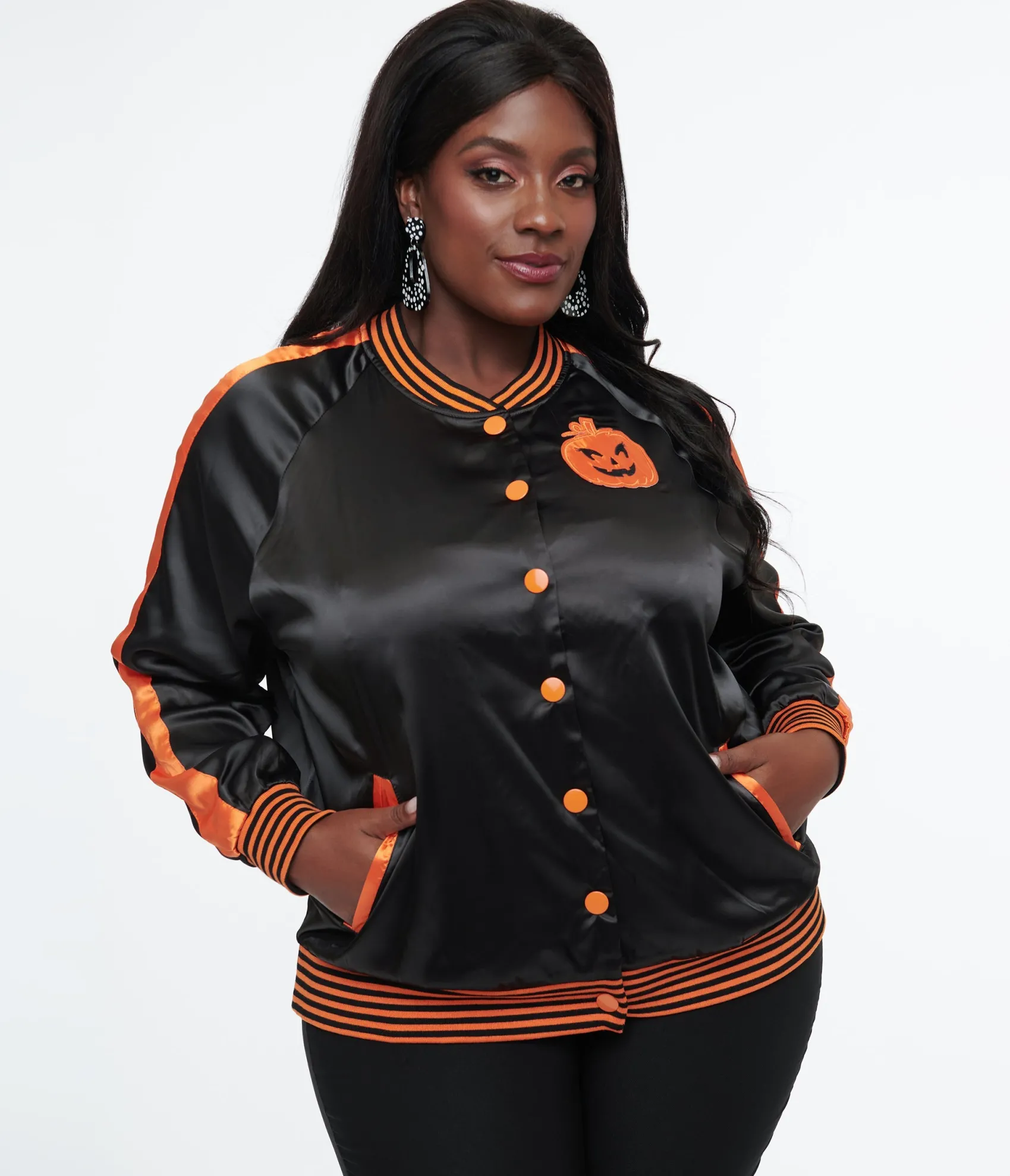 Unique Vintage Plus Size Black & Orange Scream Queen Satin Bomber Jacket Outlet