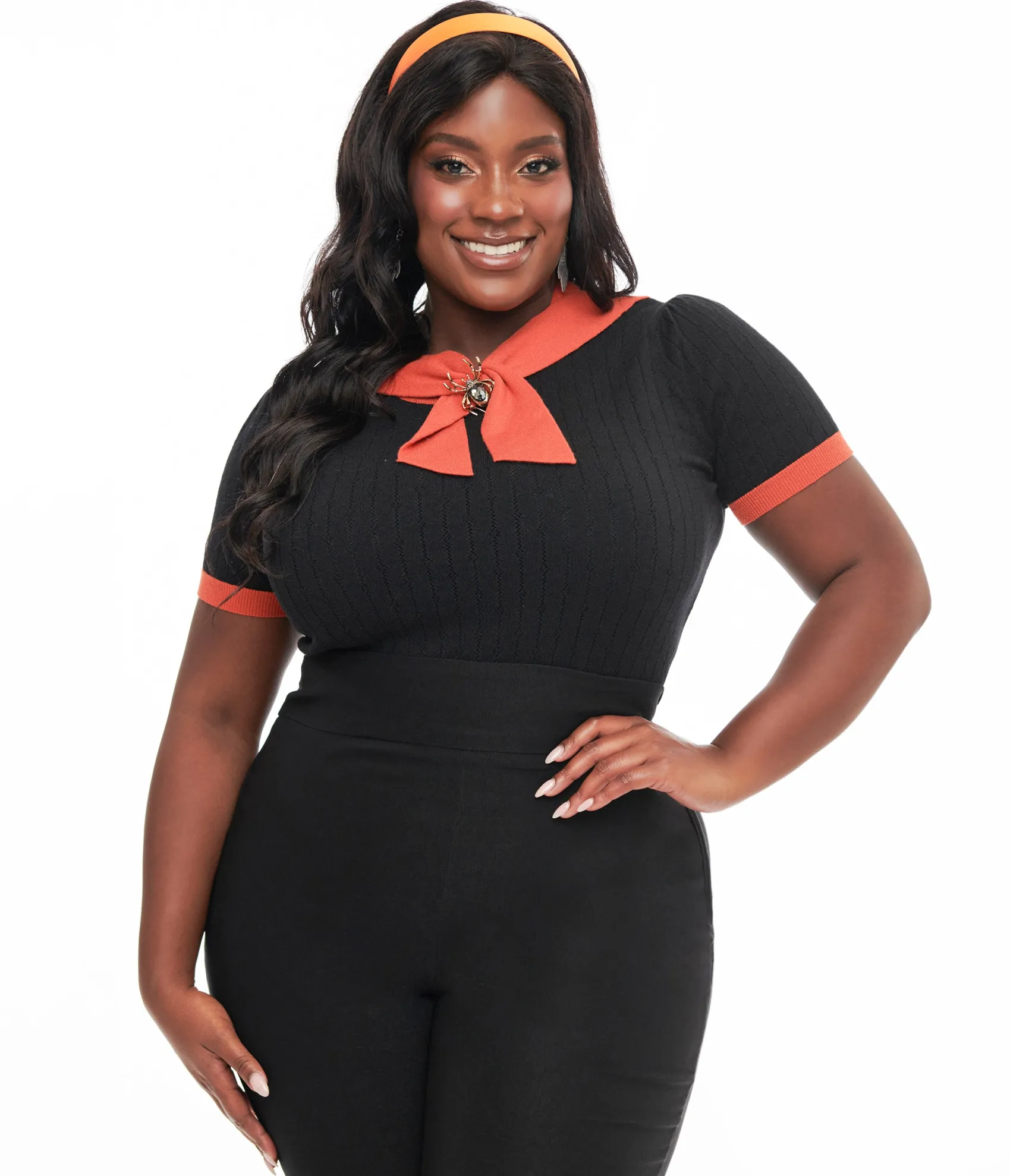 Unique Vintage Plus Size Black & Orange Spider Brooch Neck Tie Park City Sweater Discount