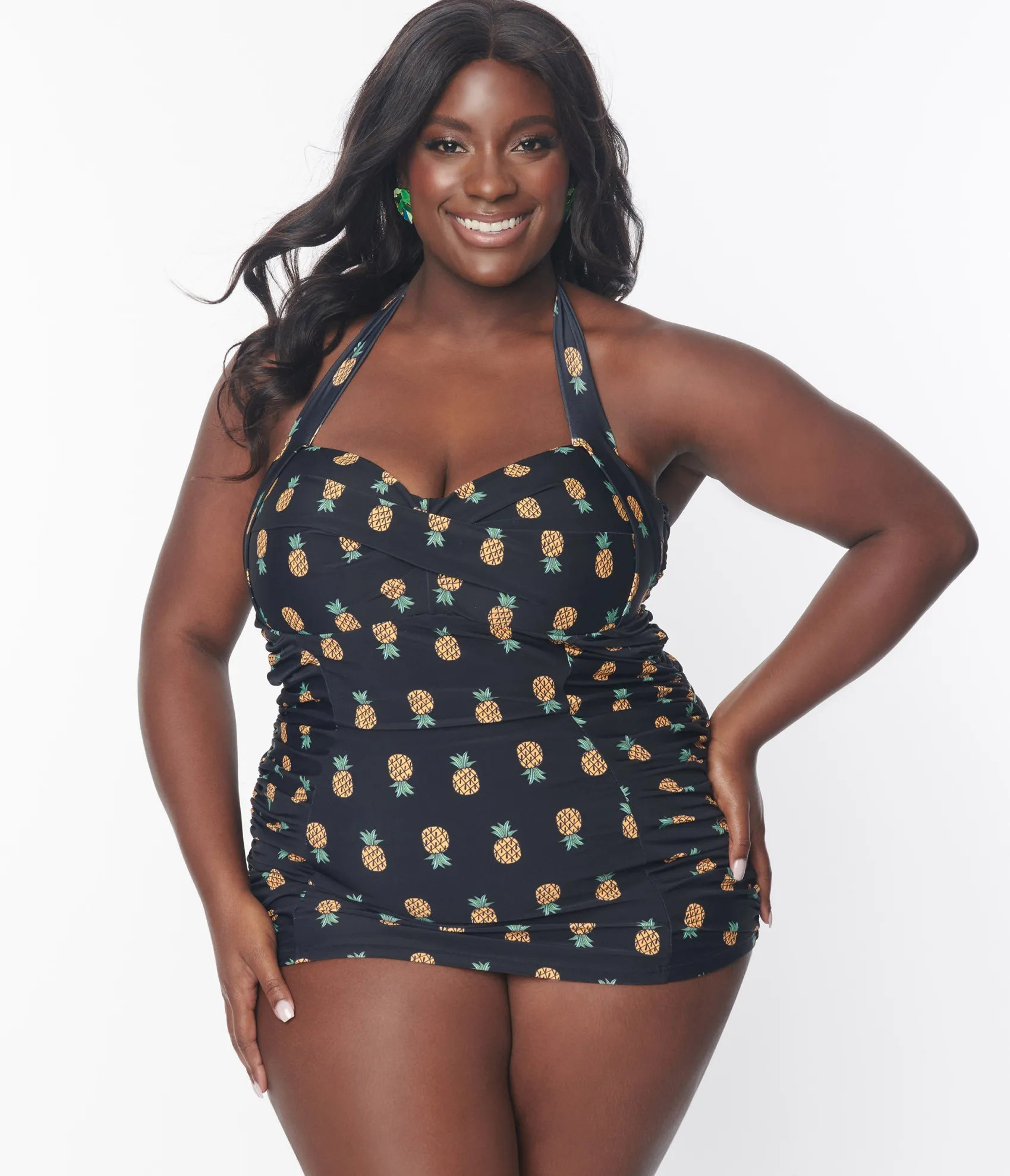 Unique Vintage Plus Size Black & Pineapple Print Corinne Sheath Swimsuit Best Sale