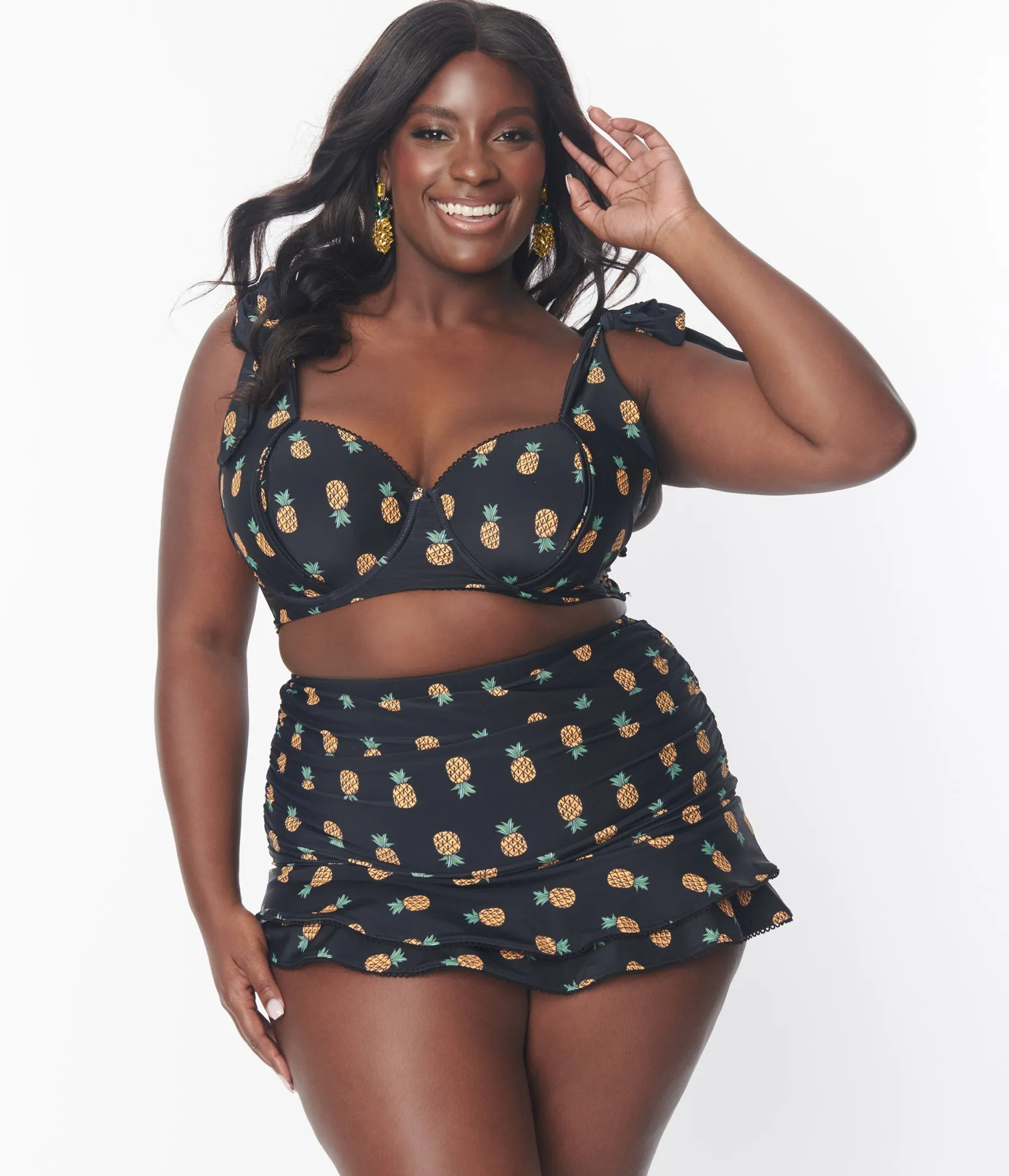 Unique Vintage Plus Size Black & Pineapple Print Totally Tied Up Swim Top New