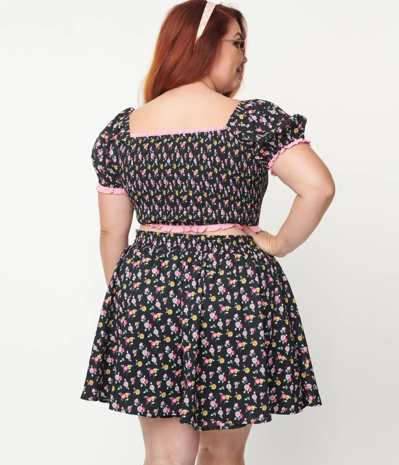 Unique Vintage Plus Size Black & Pink Ditsy Floral Crop Top Store