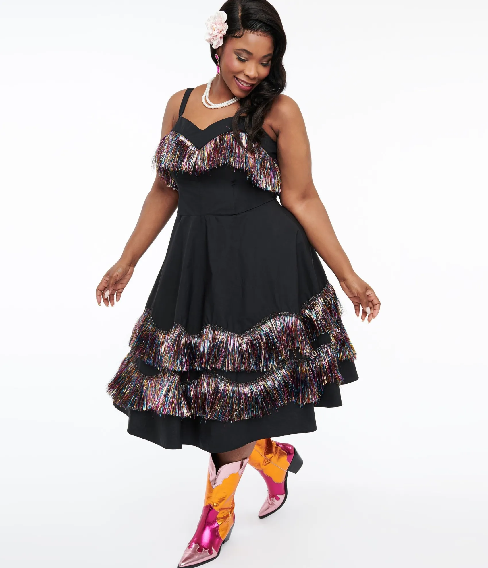 Unique Vintage Plus Size Black & Rainbow Fringe Girlie Swing Dress Best Sale