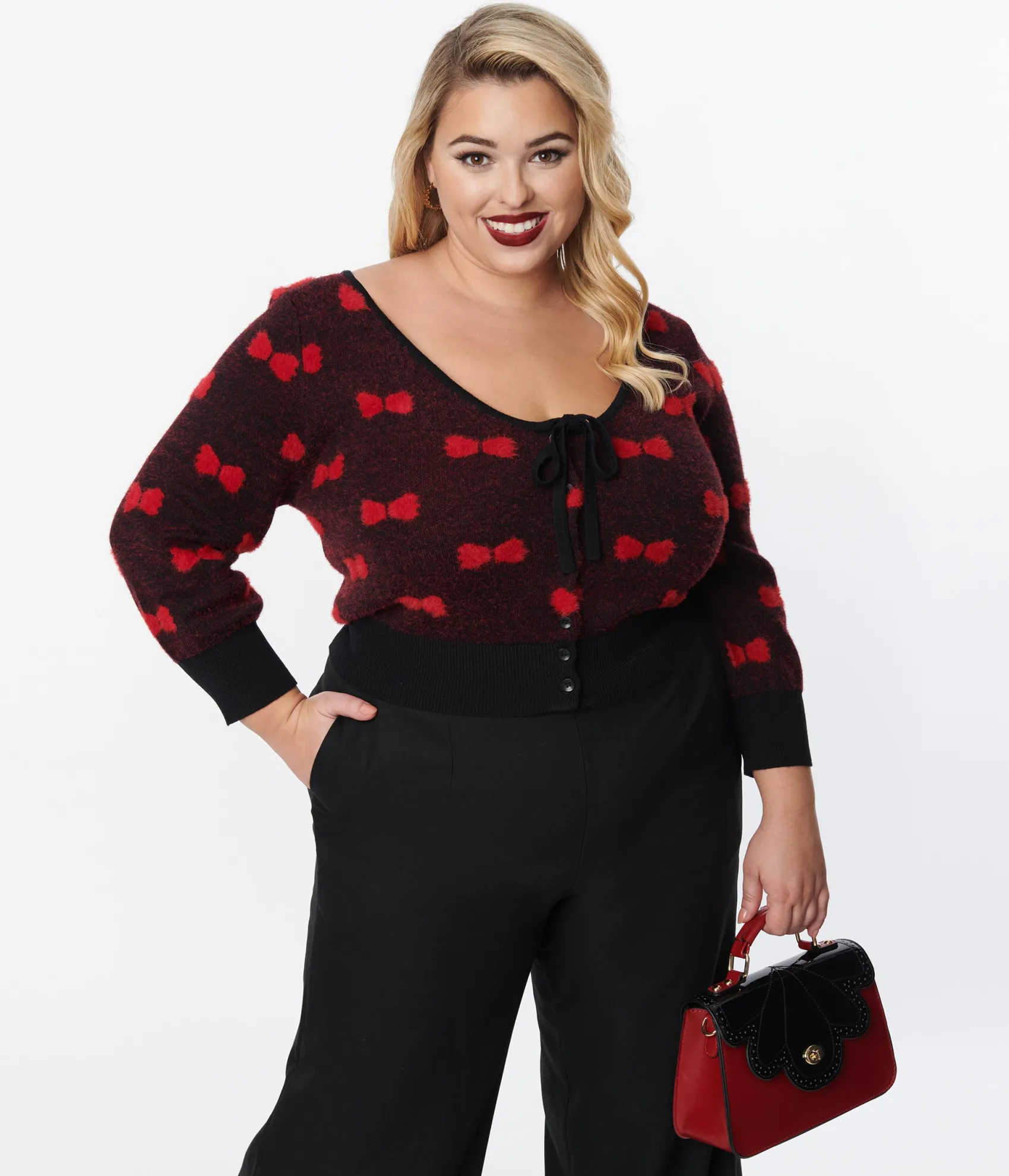 Unique Vintage Plus Size Black & Red Bows Dandy Cardigan Online