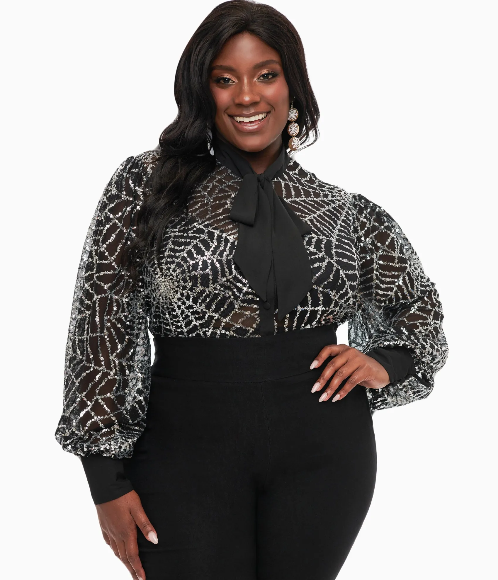 Unique Vintage Plus Size Black & Silver Sequin Spiderweb Sheer Gwen Blouse Shop