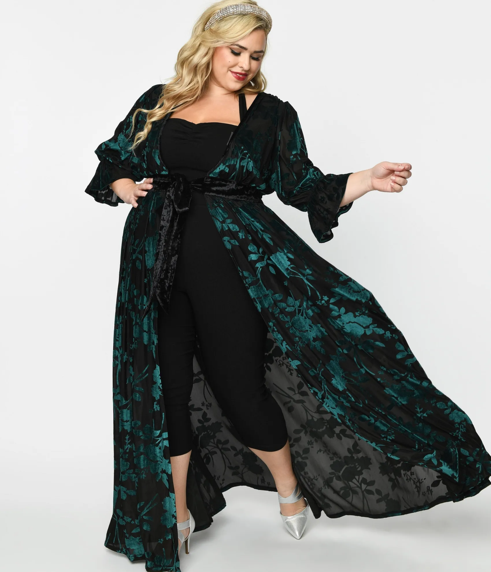 Unique Vintage Plus Size Black & Teal Floral Velvet Burnout Duster Discount