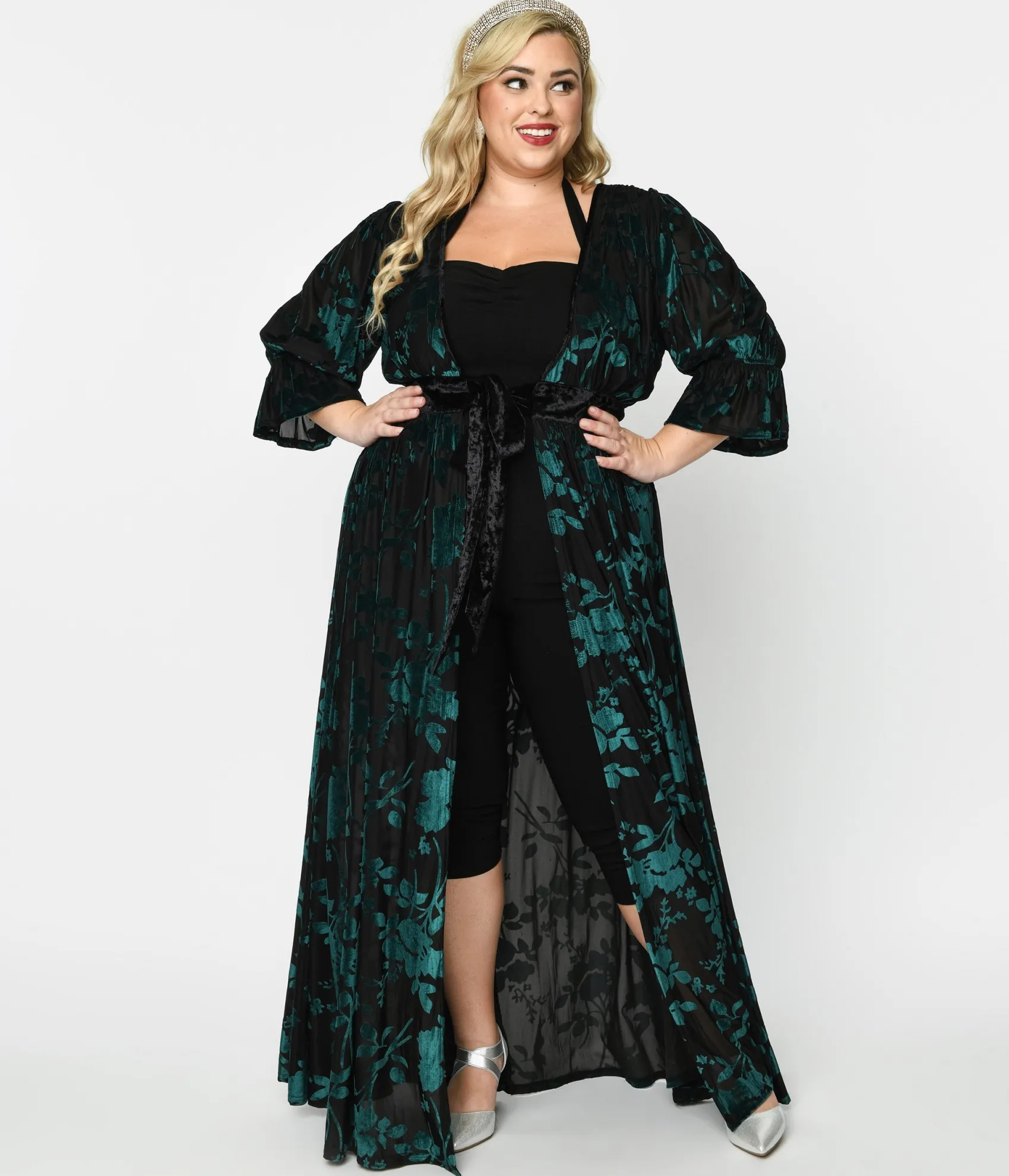 Unique Vintage Plus Size Black & Teal Floral Velvet Burnout Duster Discount