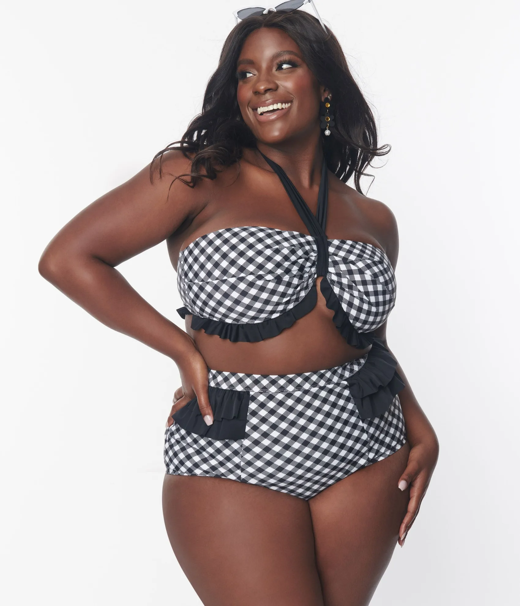 Unique Vintage Plus Size Black & White Bias Gingham Twist Front Halter Swim Top Sale