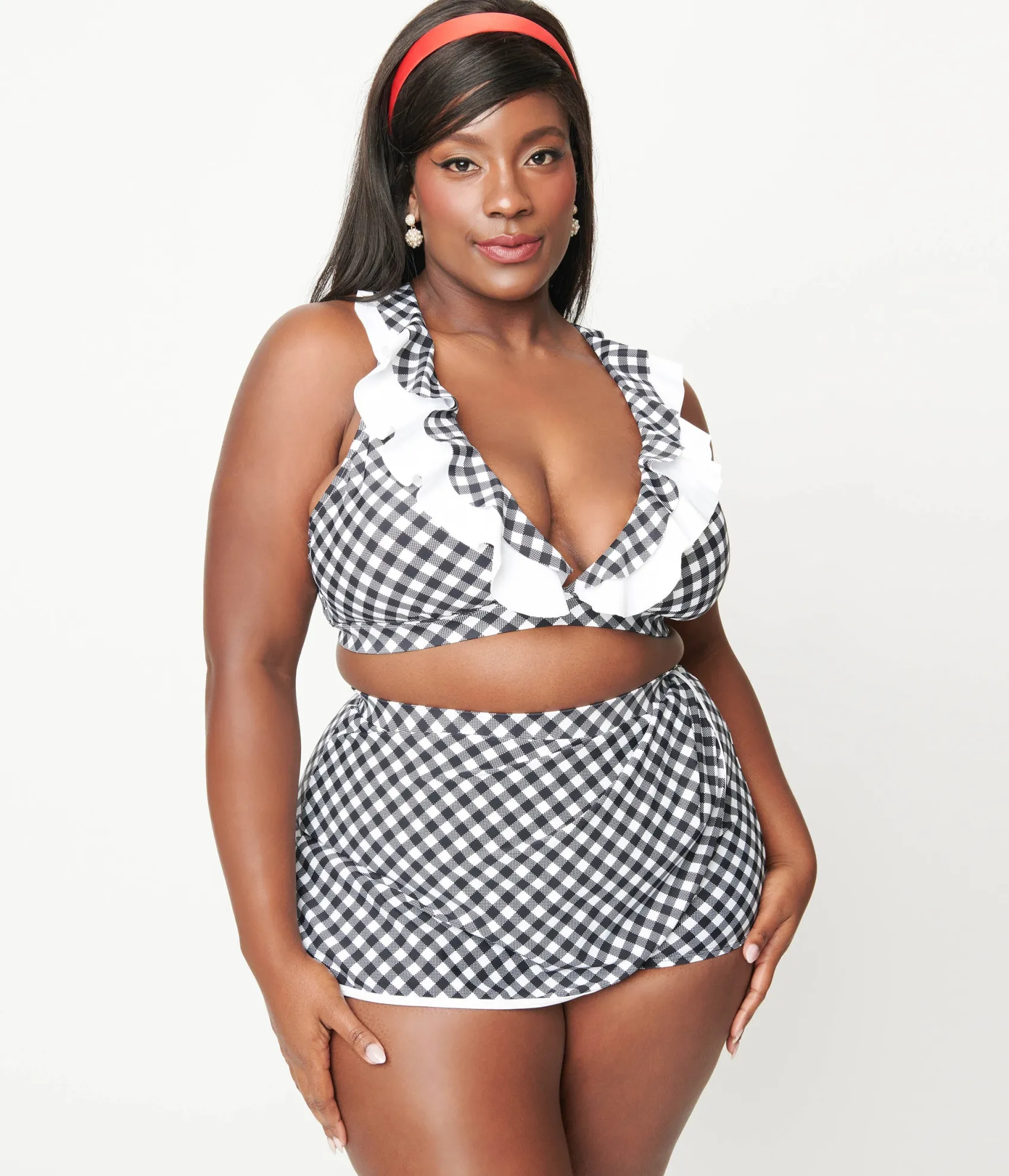 Unique Vintage Plus Size Black & White Gingham High Waist Skort Swim Bottom Cheap