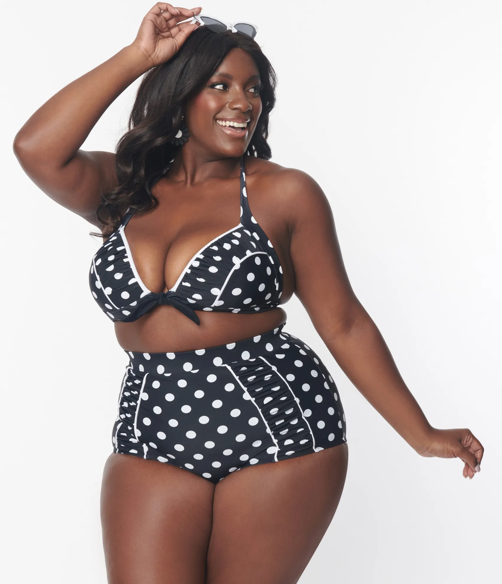Unique Vintage Plus Size Black & White Polka Dot Halter Swim Top New