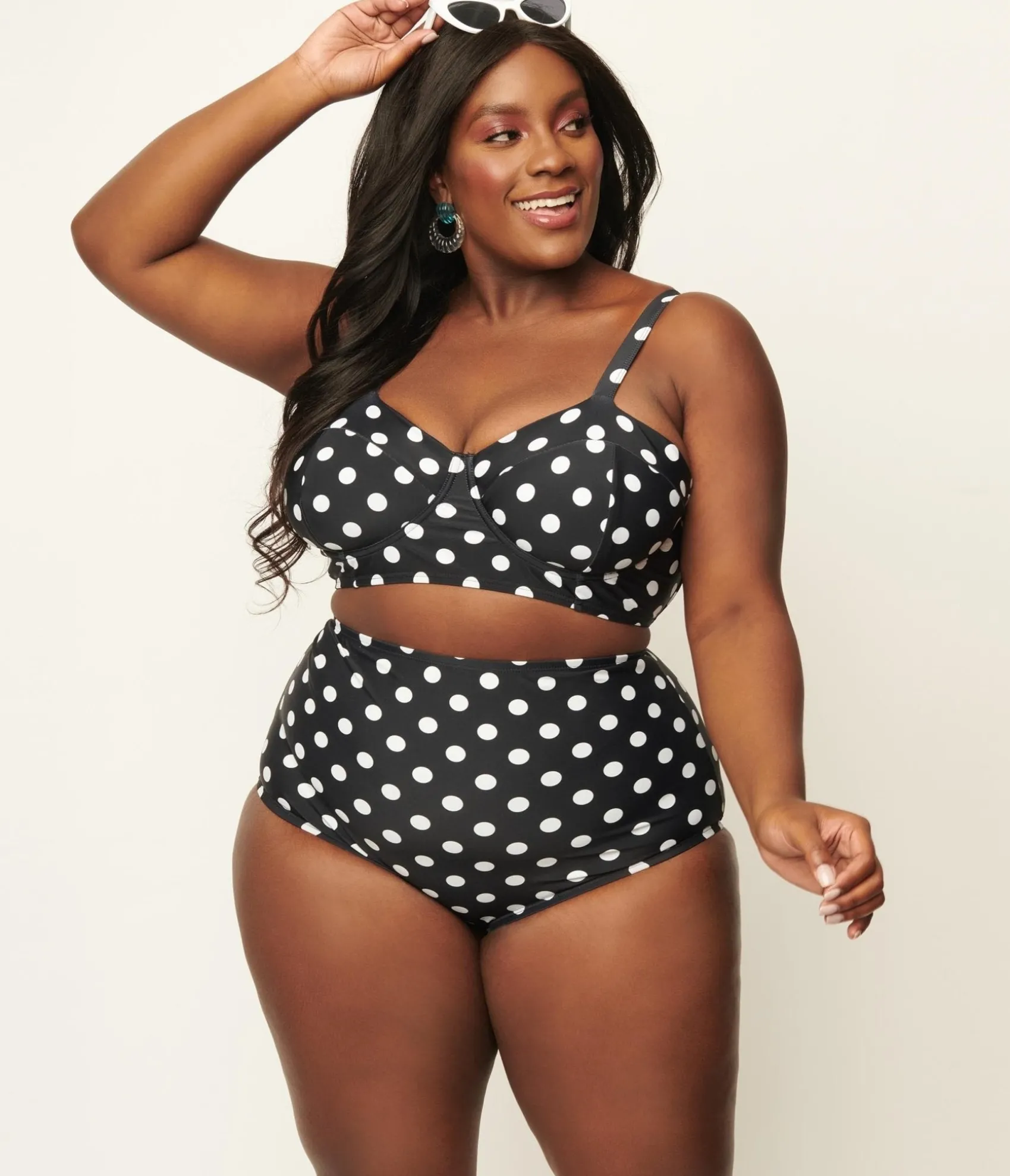 Unique Vintage Plus Size Black & White Polka Dot High Waist Louise Swim Bottoms Sale