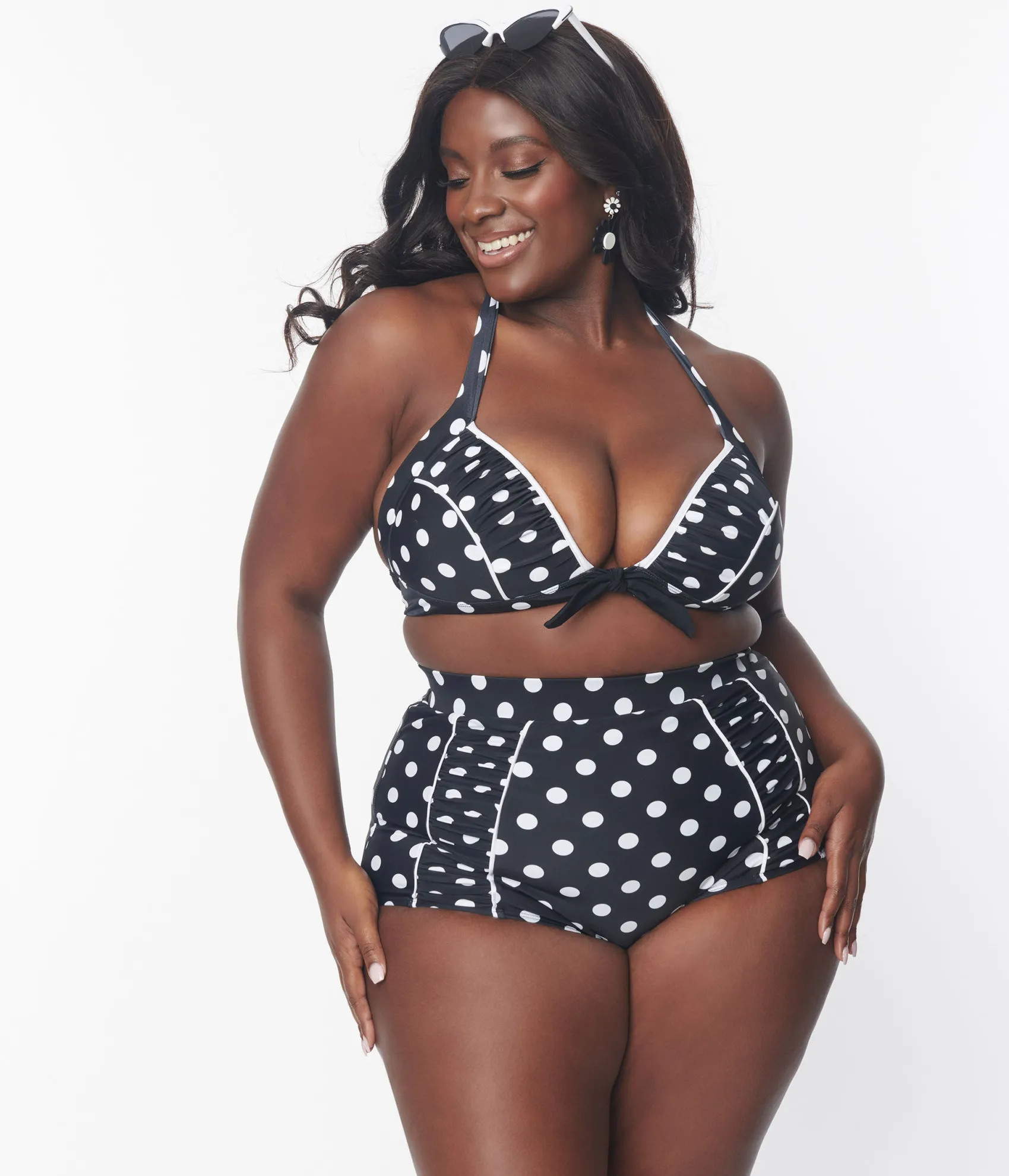 Unique Vintage Plus Size Black & White Polka Dot Ruched Swim Bottom Outlet