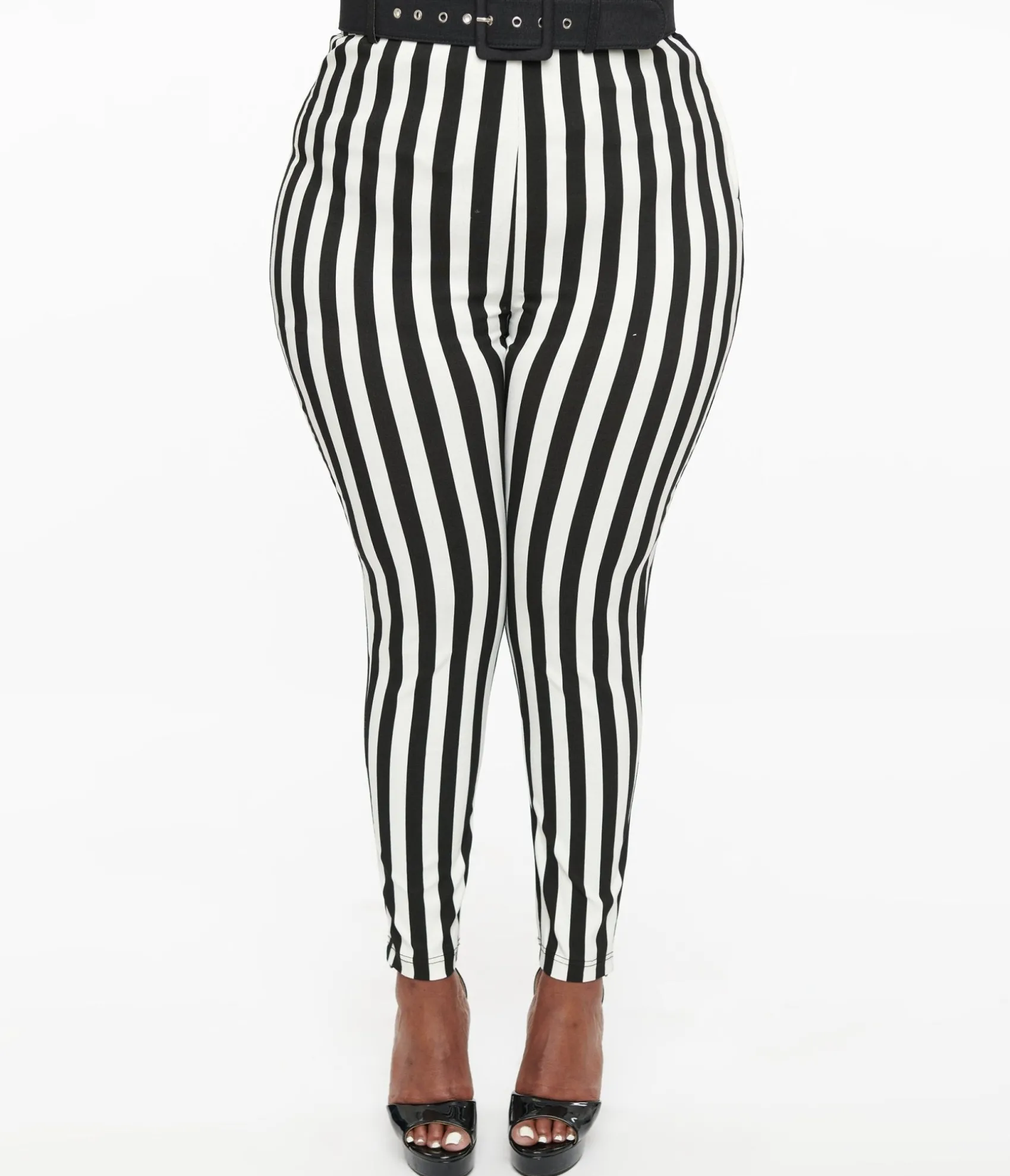 Unique Vintage Plus Size Black & White Stripe Belted Rizzo Cigarette Pants New