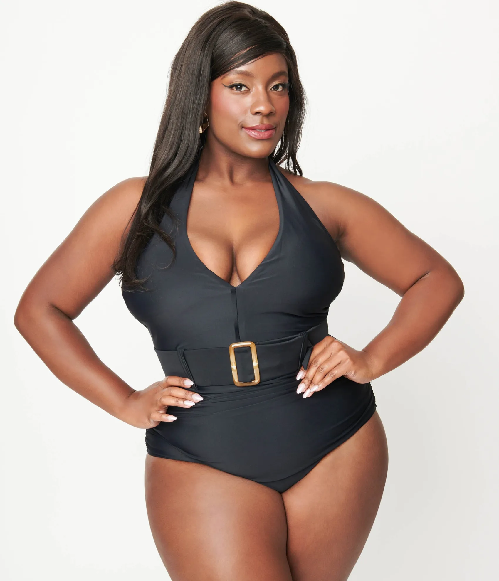 Unique Vintage Plus Size Black Belted Halter Swimsuit Hot
