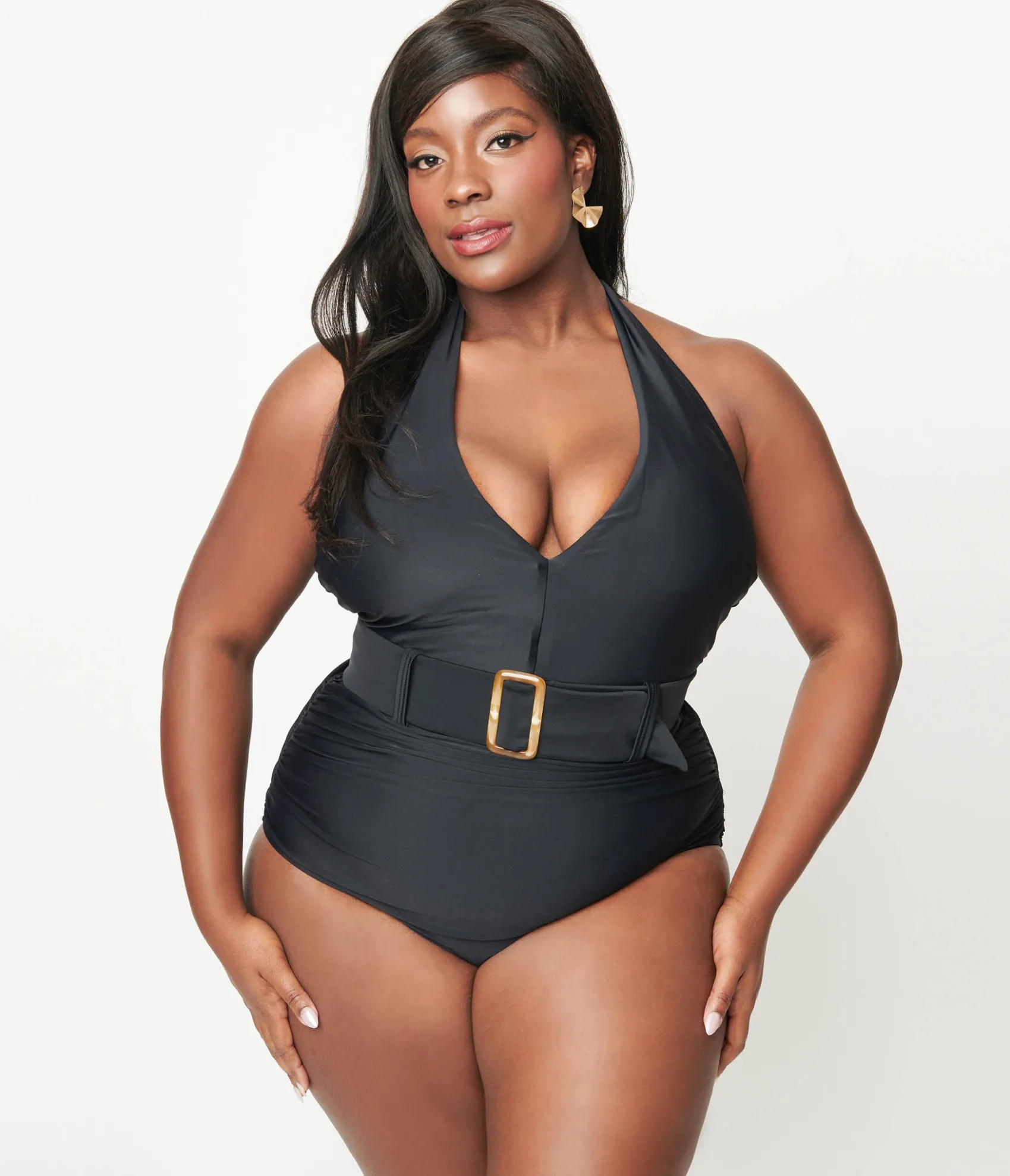 Unique Vintage Plus Size Black Belted Halter Swimsuit Hot