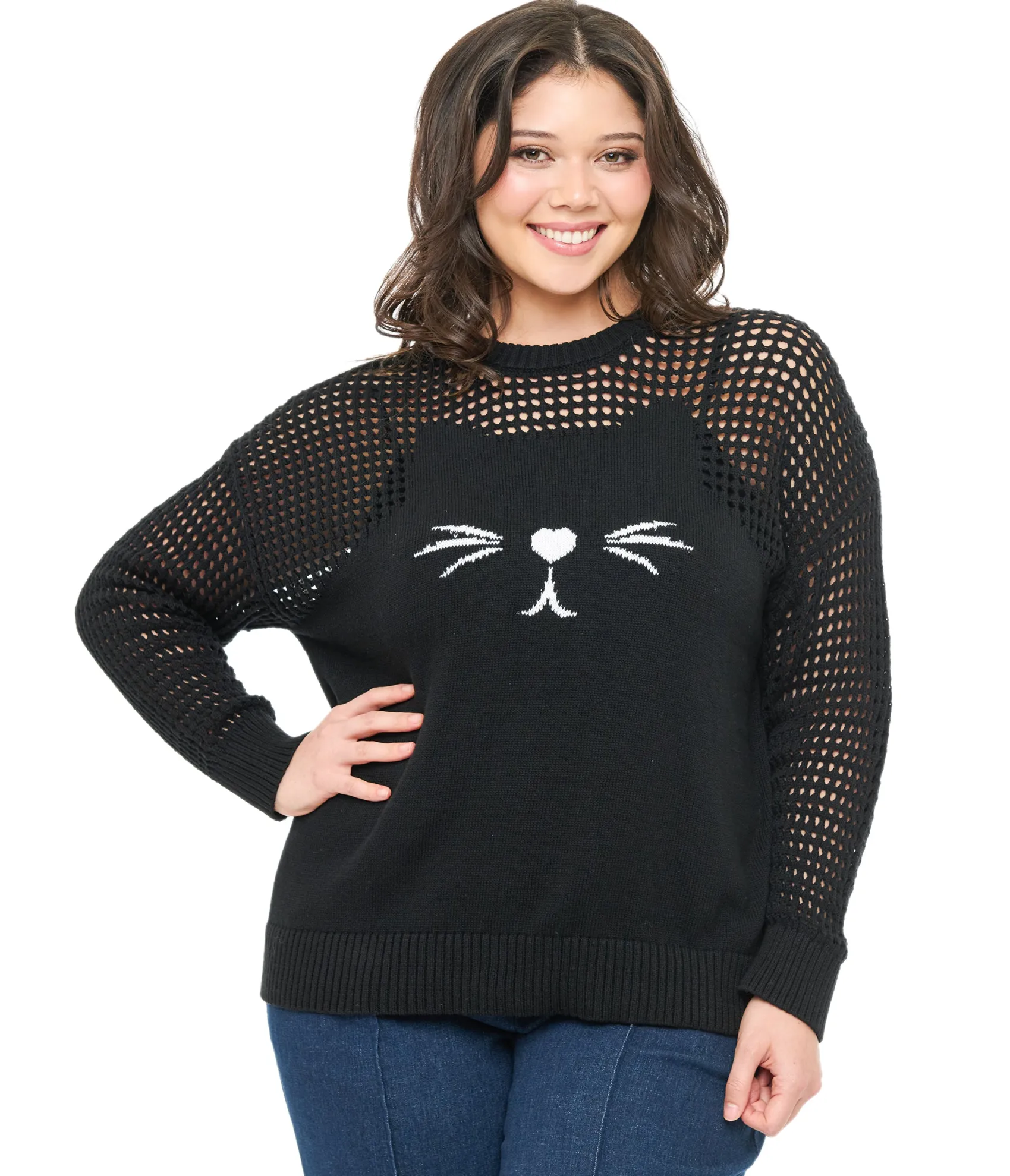Unique Vintage Plus Size Black Cat Open Weave Cotton Sweater Best Sale