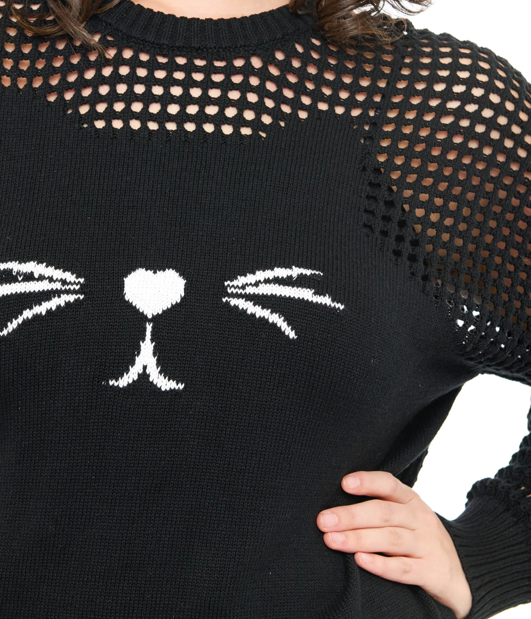 Unique Vintage Plus Size Black Cat Open Weave Cotton Sweater Best Sale