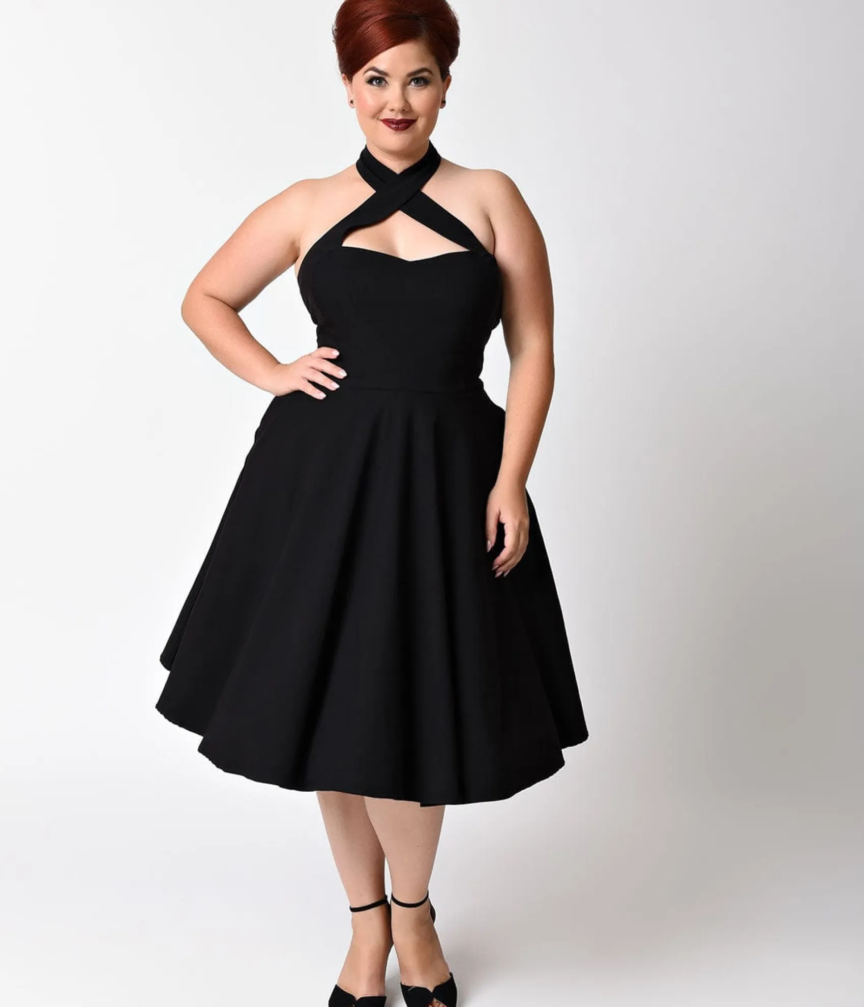 Unique Vintage Plus Size Black Criss Cross Halter Rita Flare Dress Cheap