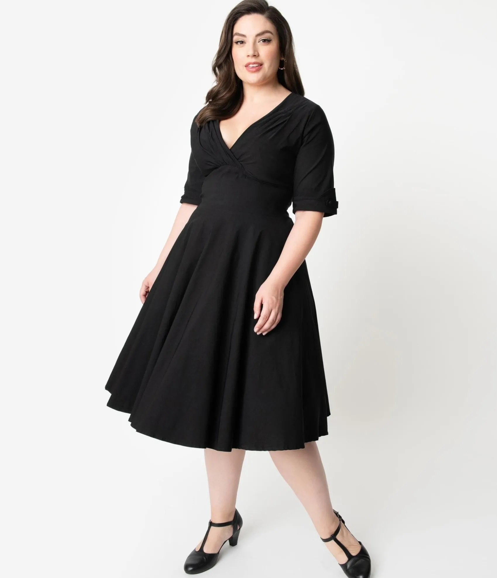 Unique Vintage Plus Size Black Delores Swing Dress with Sleeves Cheap