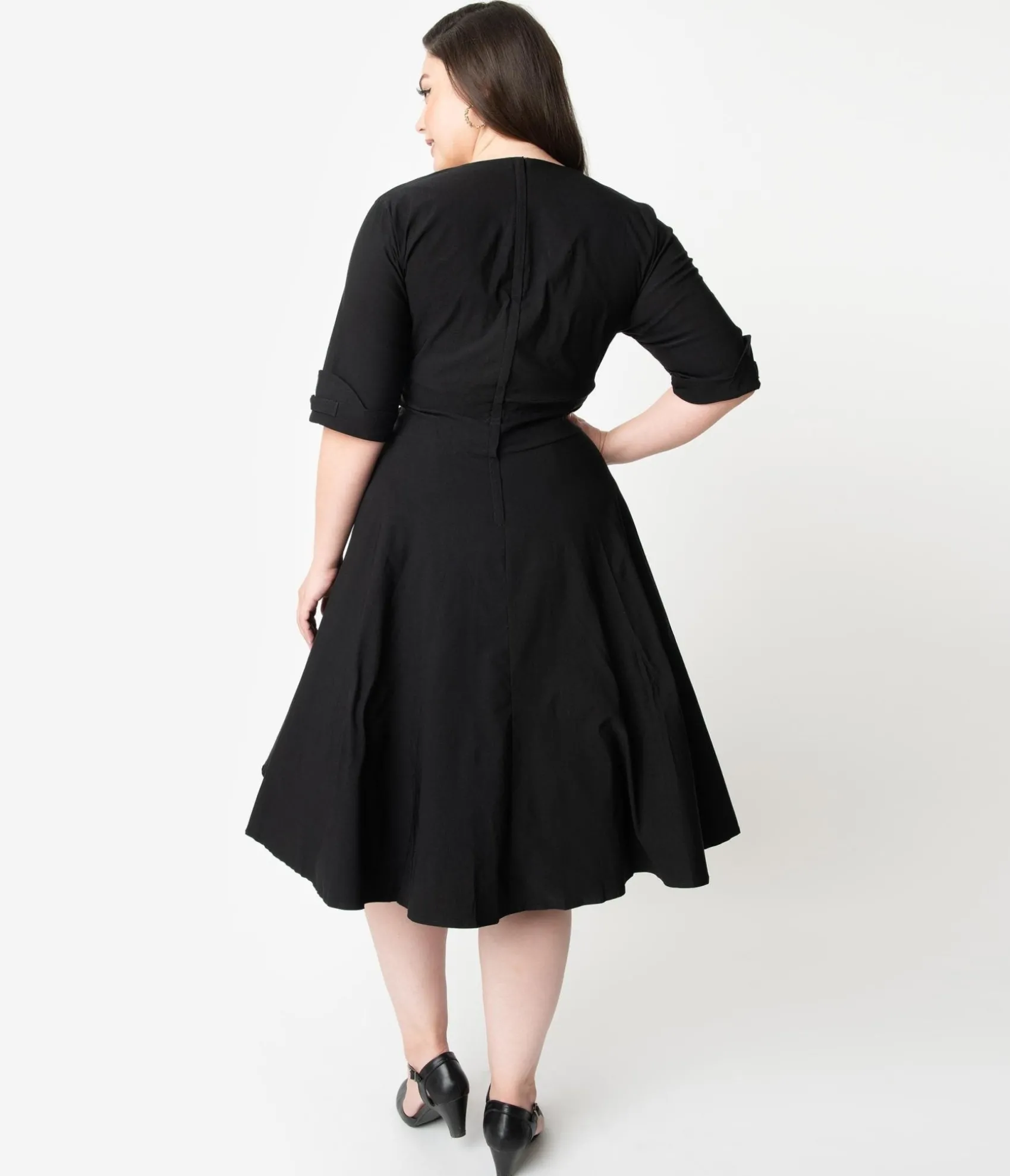 Unique Vintage Plus Size Black Delores Swing Dress with Sleeves Cheap