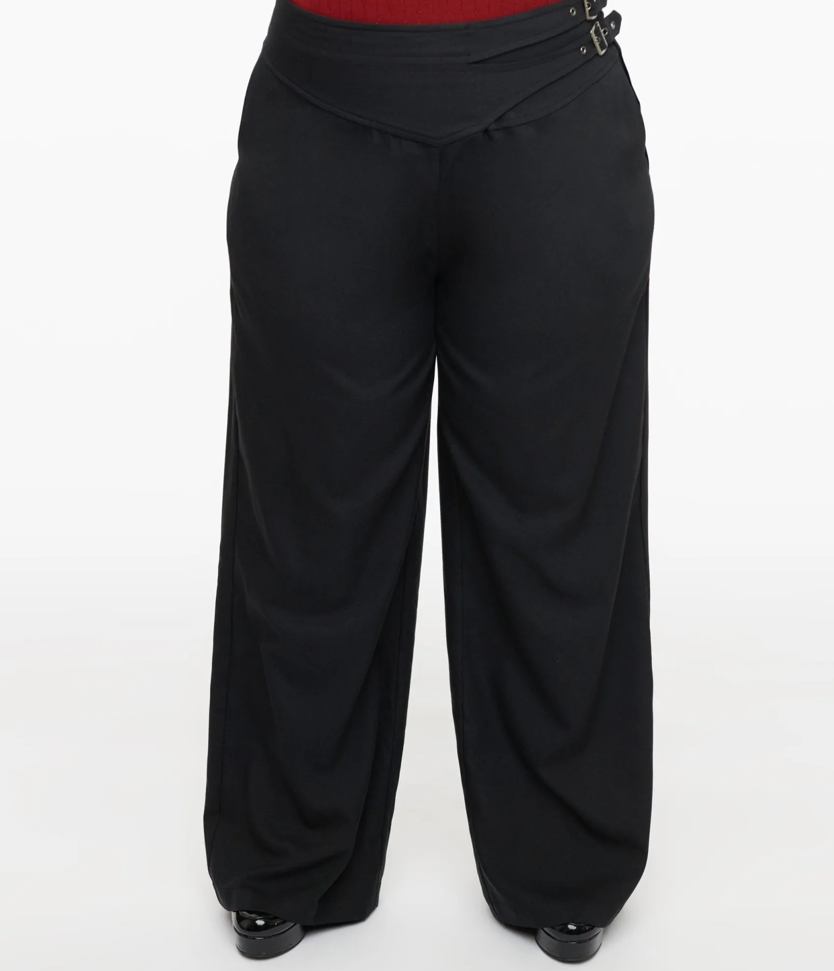 Unique Vintage Plus Size Black Double Belt Woven Pants Store