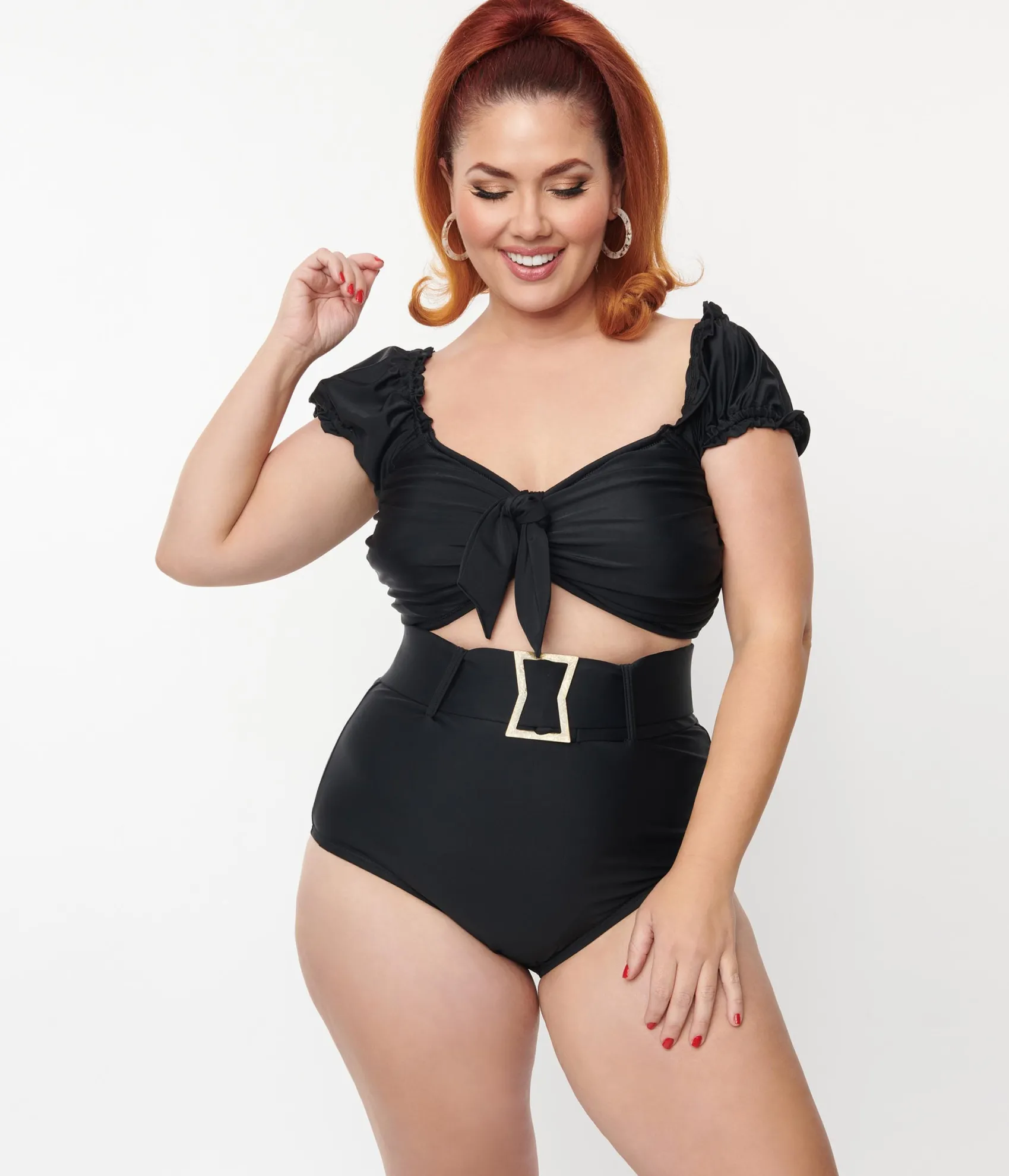 Unique Vintage Plus Size Black High Waist Belted Swim Bottom Discount