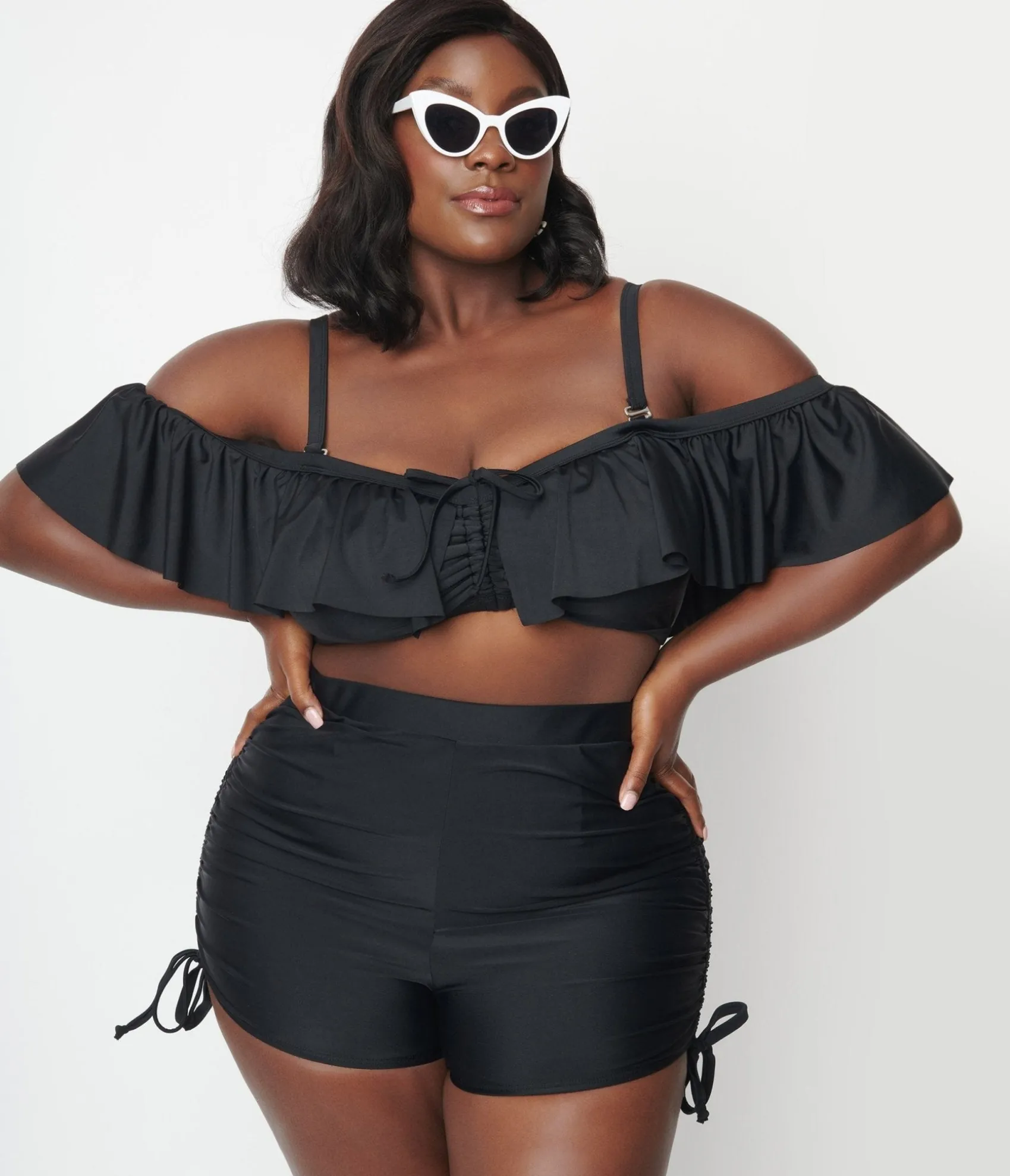 Unique Vintage Plus Size Black Pull Tie Swim Shorts Sale