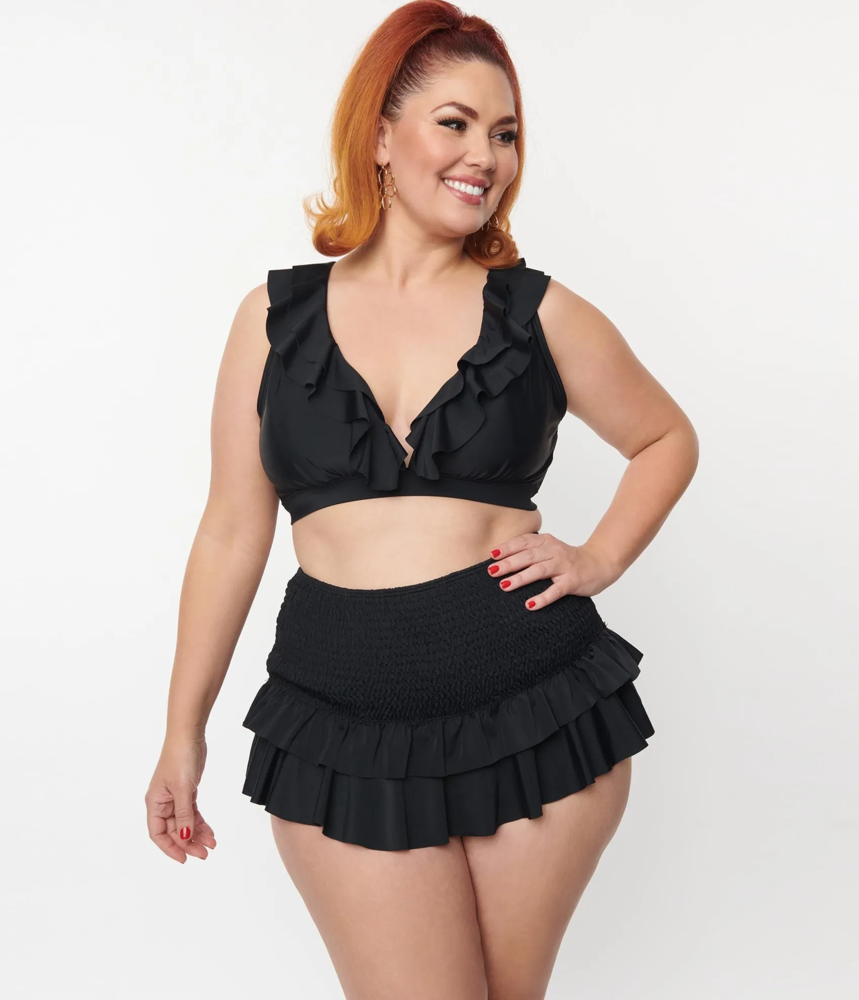 Unique Vintage Plus Size Black Ruffle Halter Swim Top Store