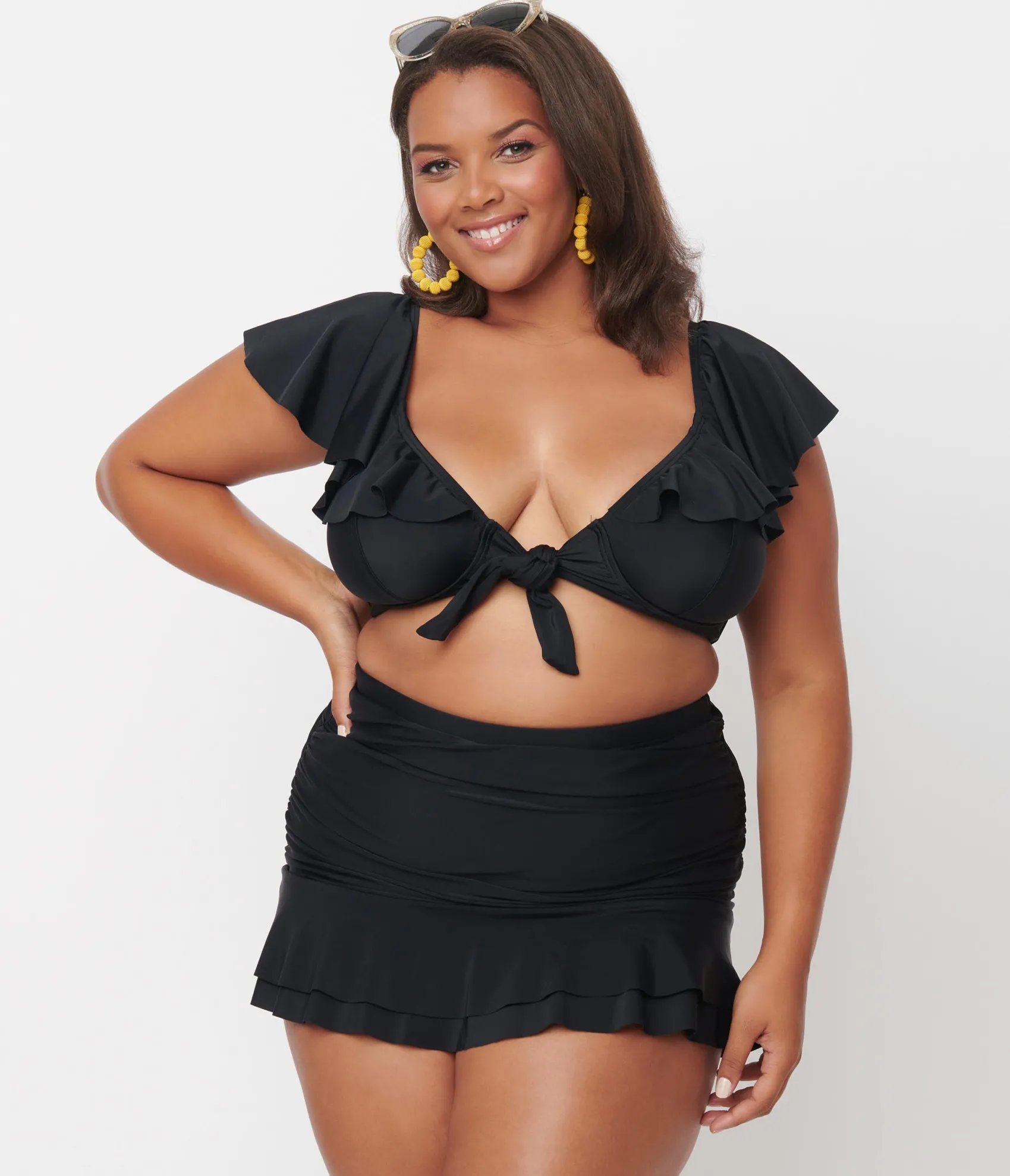 Unique Vintage Plus Size Black Ruffled Cap Sleeve Frida Swim Top Outlet