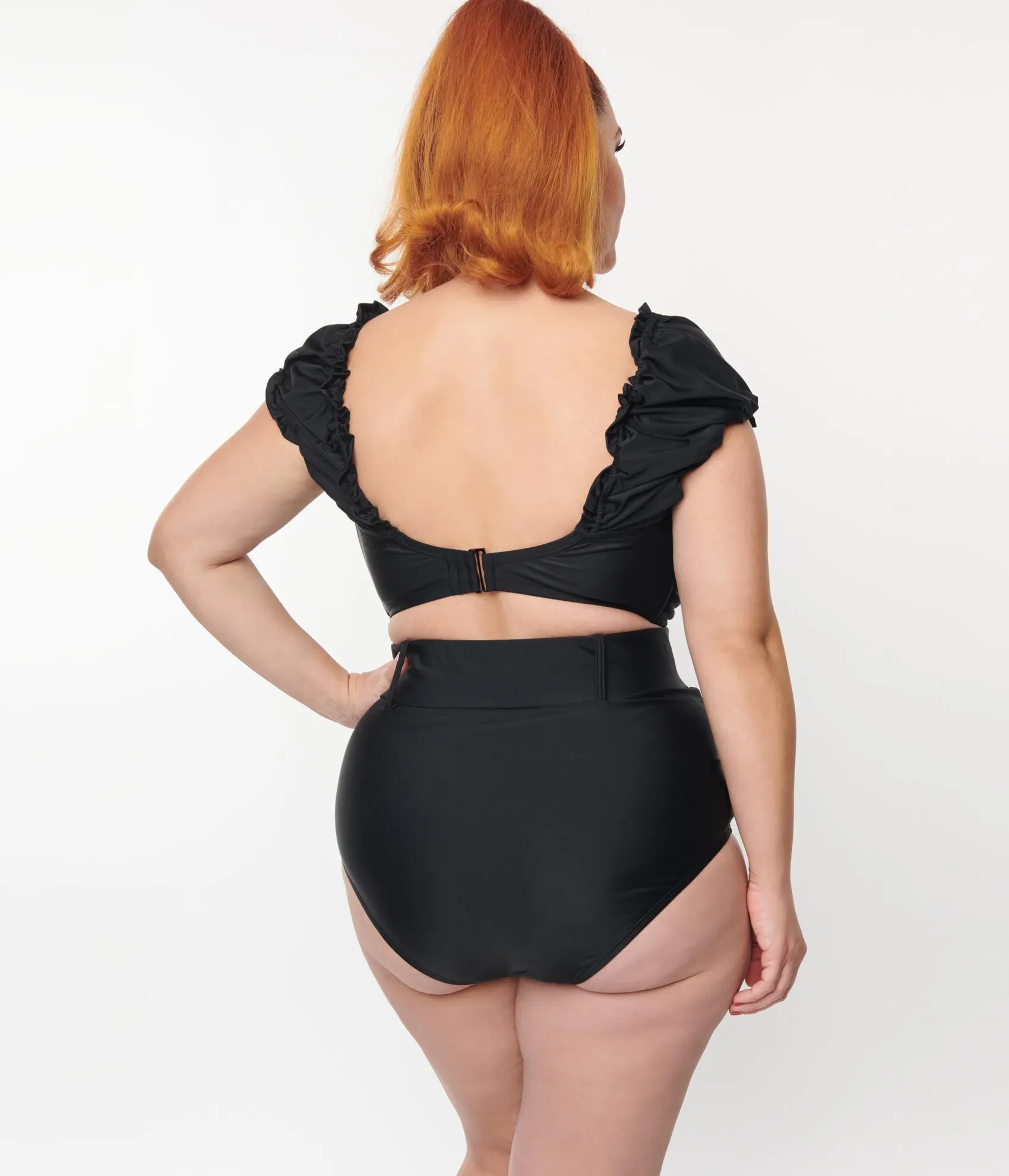 Unique Vintage Plus Size Black Shirred Bow Bandeau Swim Top Sale