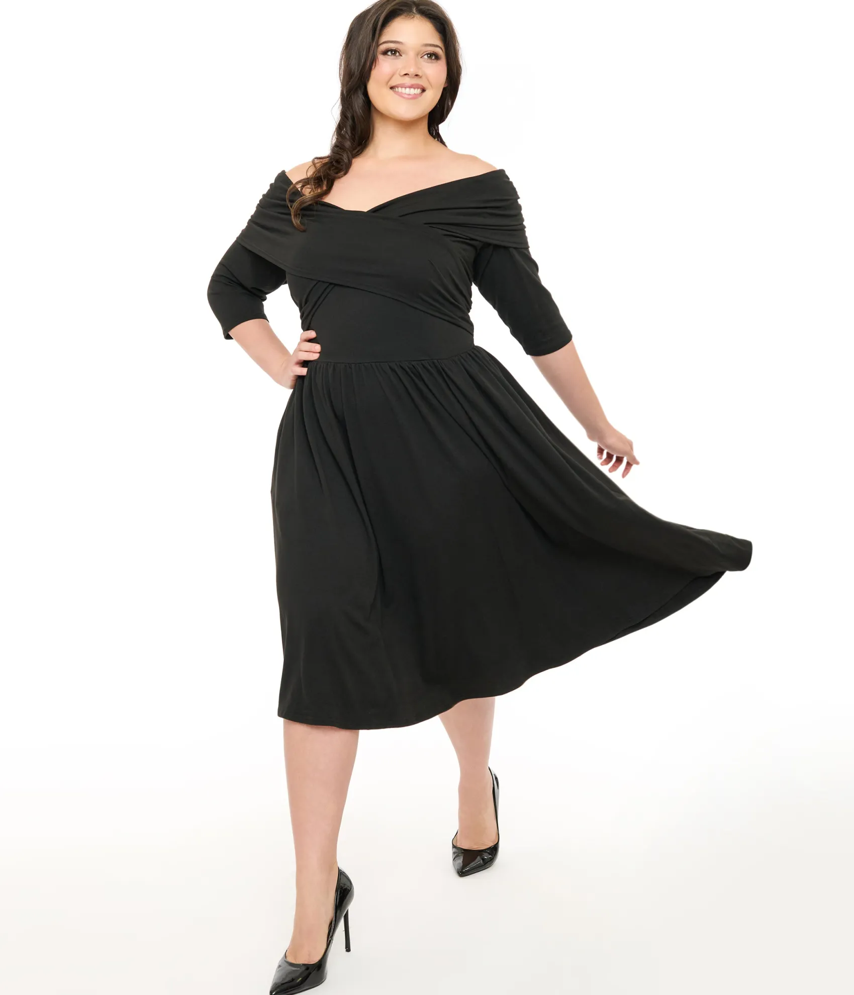 Unique Vintage Plus Size Black Shirred Off Shoulder Swing Dress Best Sale