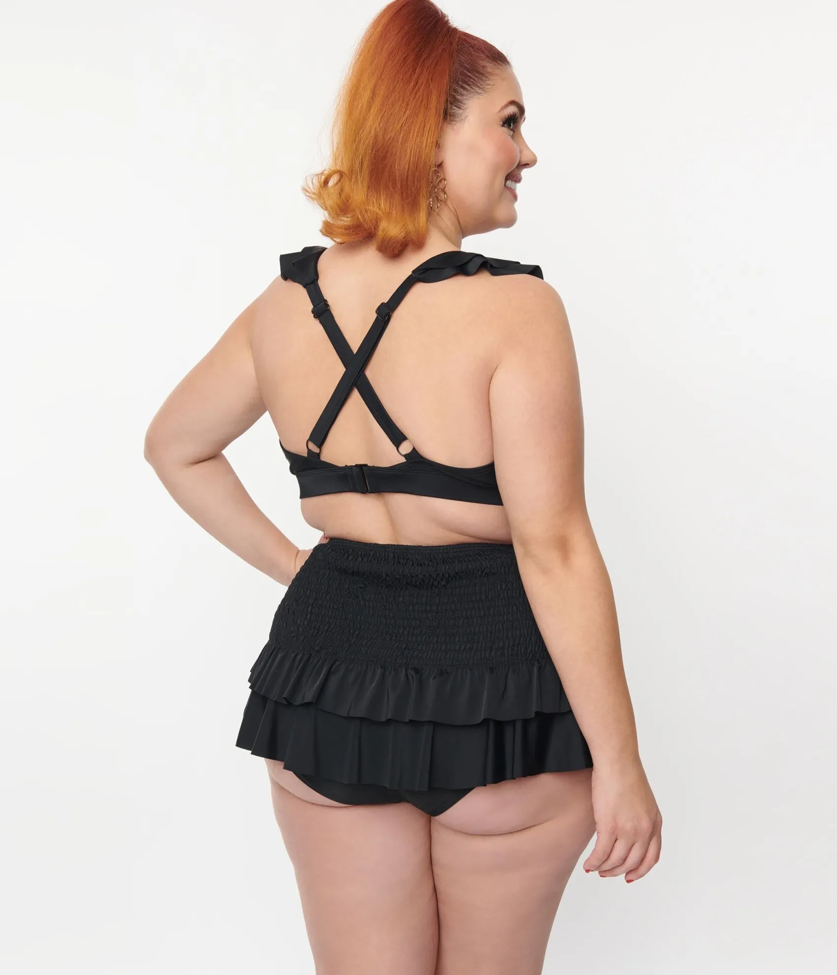 Unique Vintage Plus Size Black Smocked Ruffle Swim Bottom New