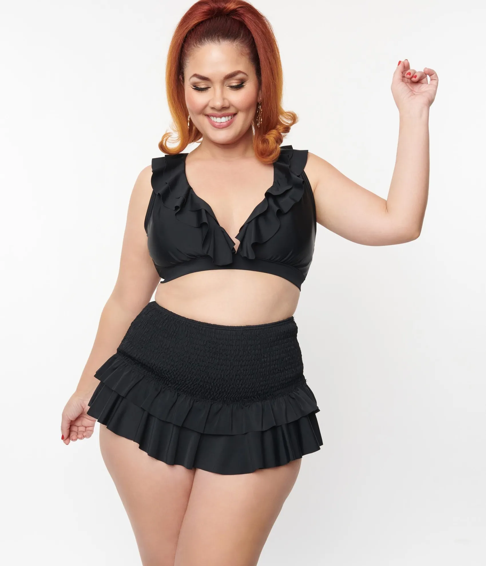 Unique Vintage Plus Size Black Smocked Ruffle Swim Bottom New