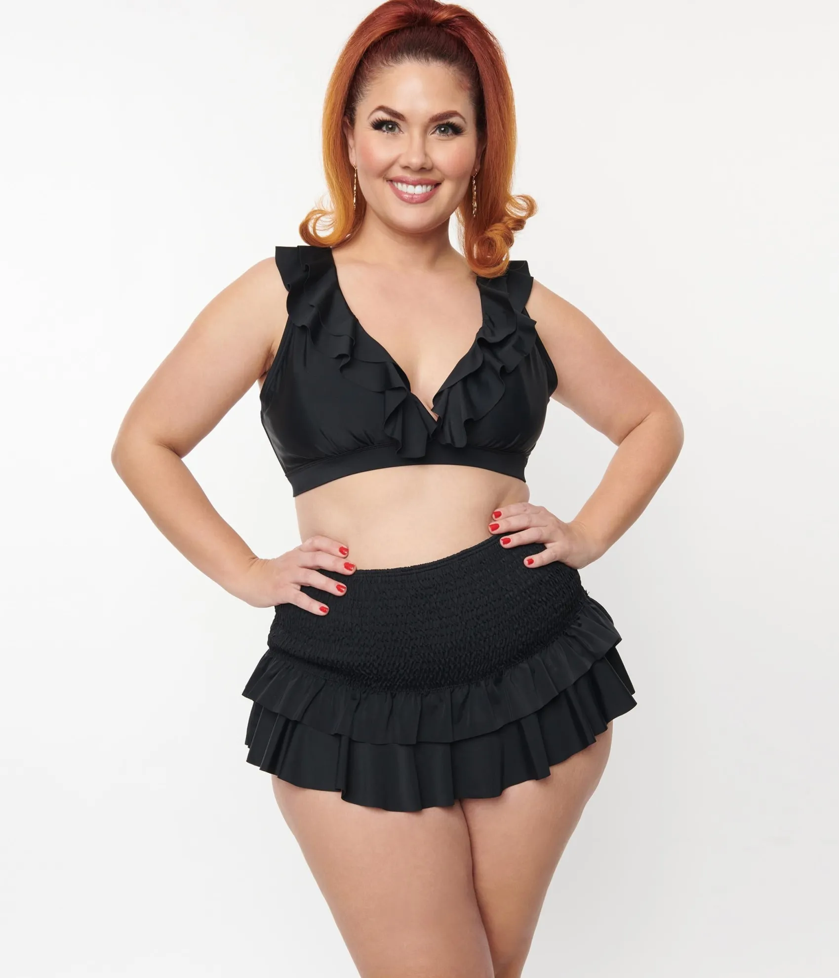 Unique Vintage Plus Size Black Smocked Ruffle Swim Bottom New